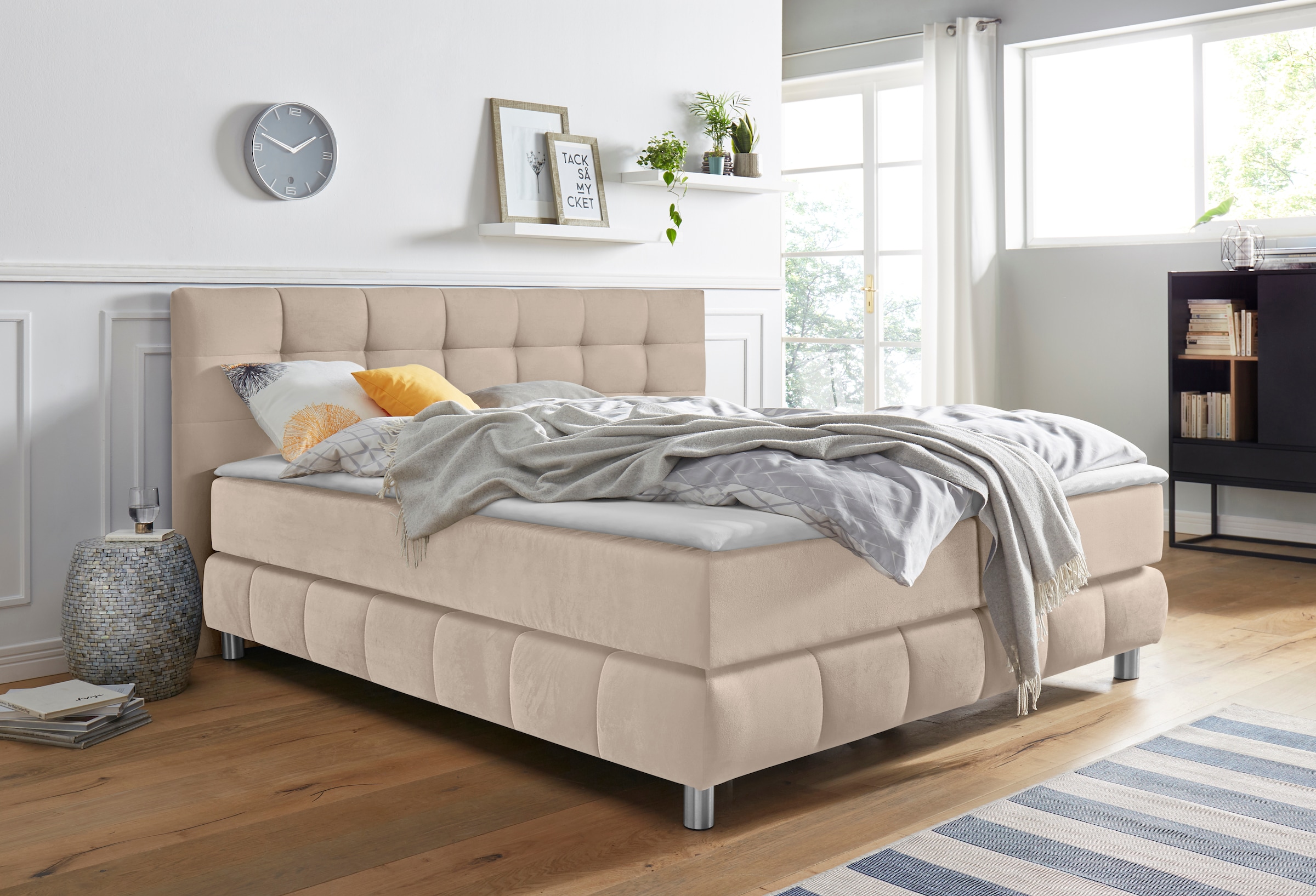 Boxspringbett HOME AFFAIRE "Salo", beige, B:194cm L:211cm, Struktur (100% Polyester);Bezug der Spiegelfläche Matratzendrell aus 100% Polyester;Samtoptik (100% Polyester), Komplettbetten, Boxspringbett, incl. Topper, 6 Breiten, 2 Härtegrade, TFK auch in Hä