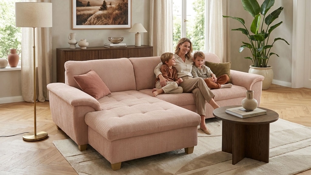 OTTO home "Eggery 279 x 170 cm, auch mit Schlaffunktion & Bettkasten, Holzfüße" Kopfteile verstellbar, L-Form, aus Pet Friendly Cord