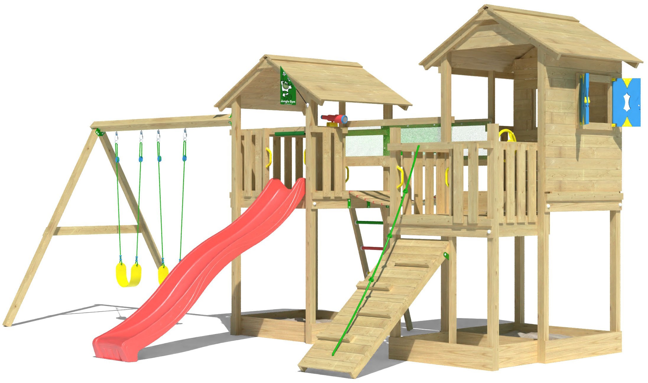 Jungle Gym Spielturm »Stronghold«, (Set), Spielanlage mit 2 Türmen, Schaukel und Rutsche mit Wasseranschluss