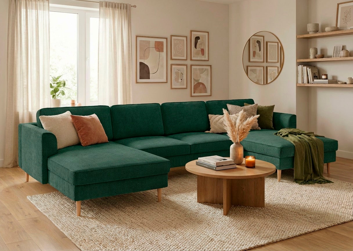 Home affaire "Booster, whlw. mit Schlaffunktion & Bettkasten, Fuß Buche lackiert" Sofa in U-Form, Breite 305 cm, in Cord oder Struktur