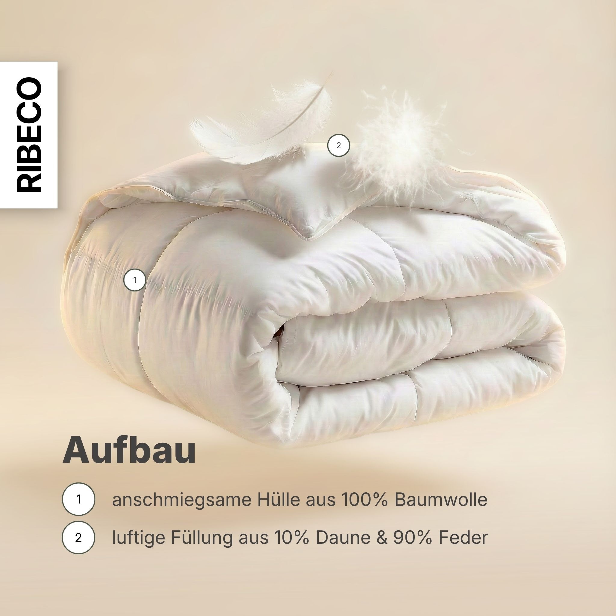 RIBECO 1100000002199 »Laram, Bettdecken für Sommer oder Winter, Made in Germany« leicht Füllung 90 % Federn, 10 % Daunen 1 Stk. tlg. Super Preis-Leistung, Bettdecke 135x200 cm oder 155x220 cm, Decke