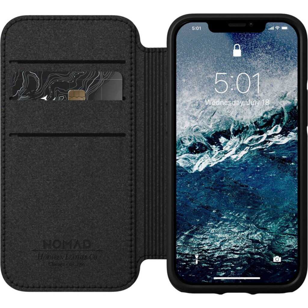 Nomad Smartphone-Hülle »Rugged Folio Case MagSafe Black Leather iPhone 12«, iPhone 12 Mini