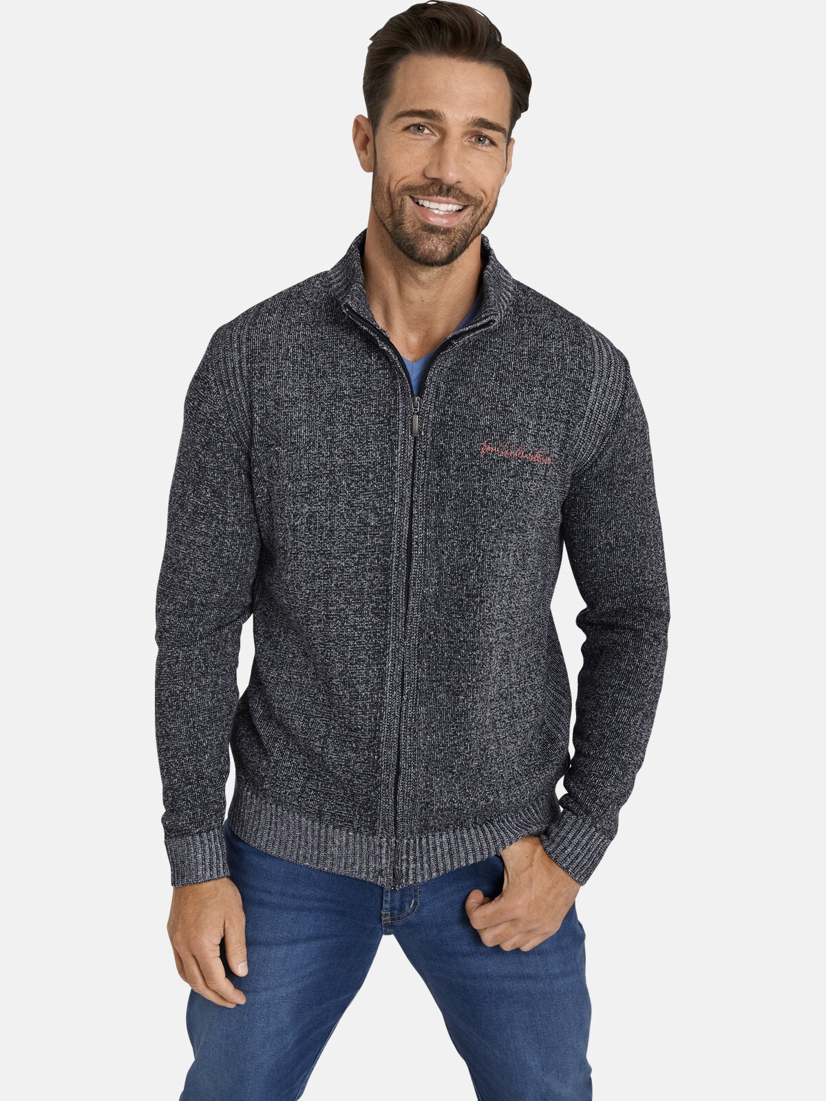 Jan Vanderstorm Cardigan Uomo Ingraban: Taglie Forti E Grandi, Misto Cotone, Colletto Alto, Chiusura Con Cerniera E Inserti Chiari - Comfort Fit, Lavabile In Lavatrice