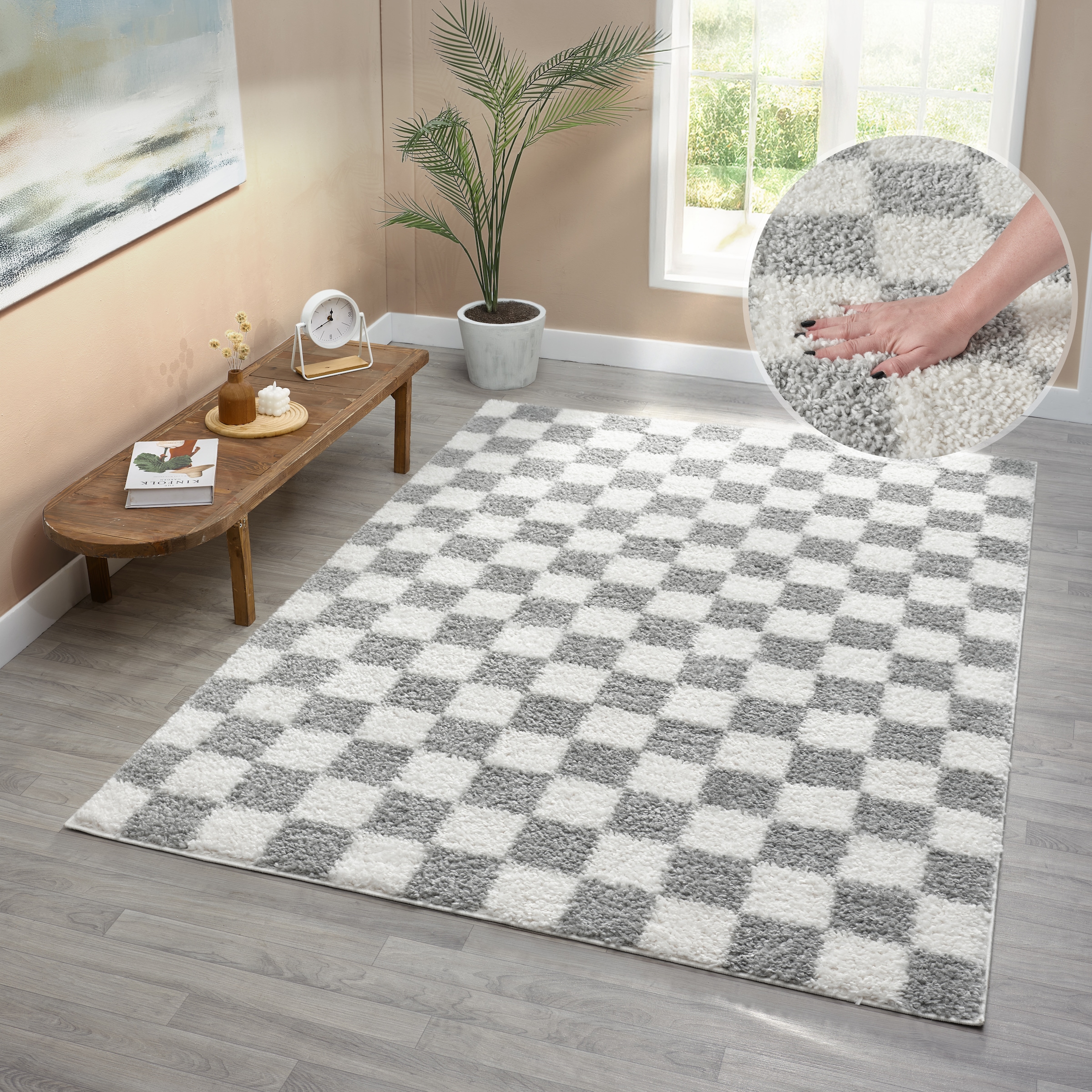 Hochflor-Teppich OTTO HOME "Kiiki, Karo-Muster" Gr. 1, grau, B:60cm H:30mm L:90cm, Kunstfaser, Teppiche, Kariert, auffälliges Schachbrettmuster, Wohnzimmer, Schlafzimmer