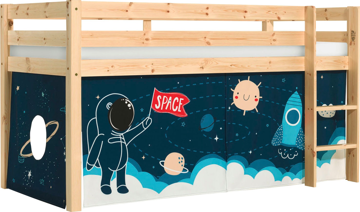 Vipack Spielbett »Vipack Pino«, (Made in Europe), mit Textil-Set, inkl. Rolllattenrost, in Natur, Weiß oder Grau