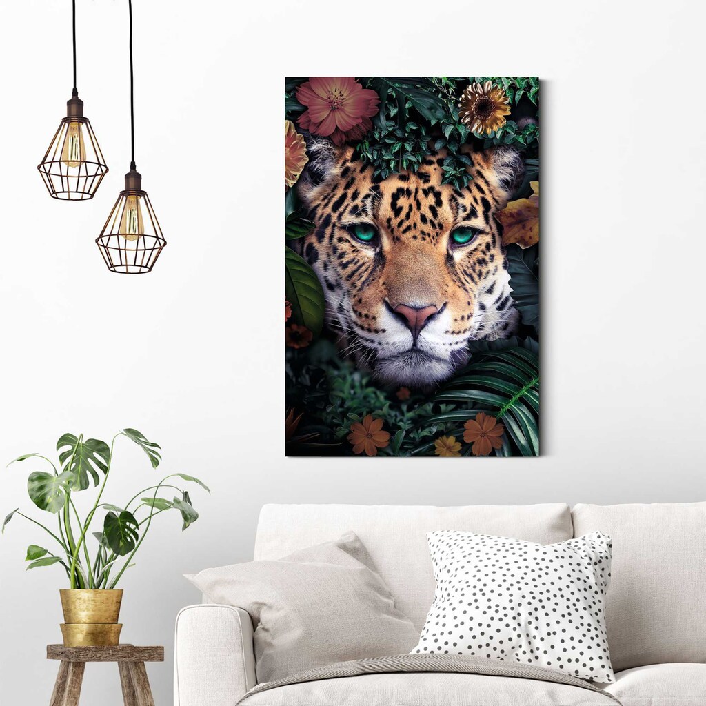 Reinders! Wandbild »Wandbild Leopard Blumenkranz - Jungle - Farbenfroh«, Leopard, (1 St.)
