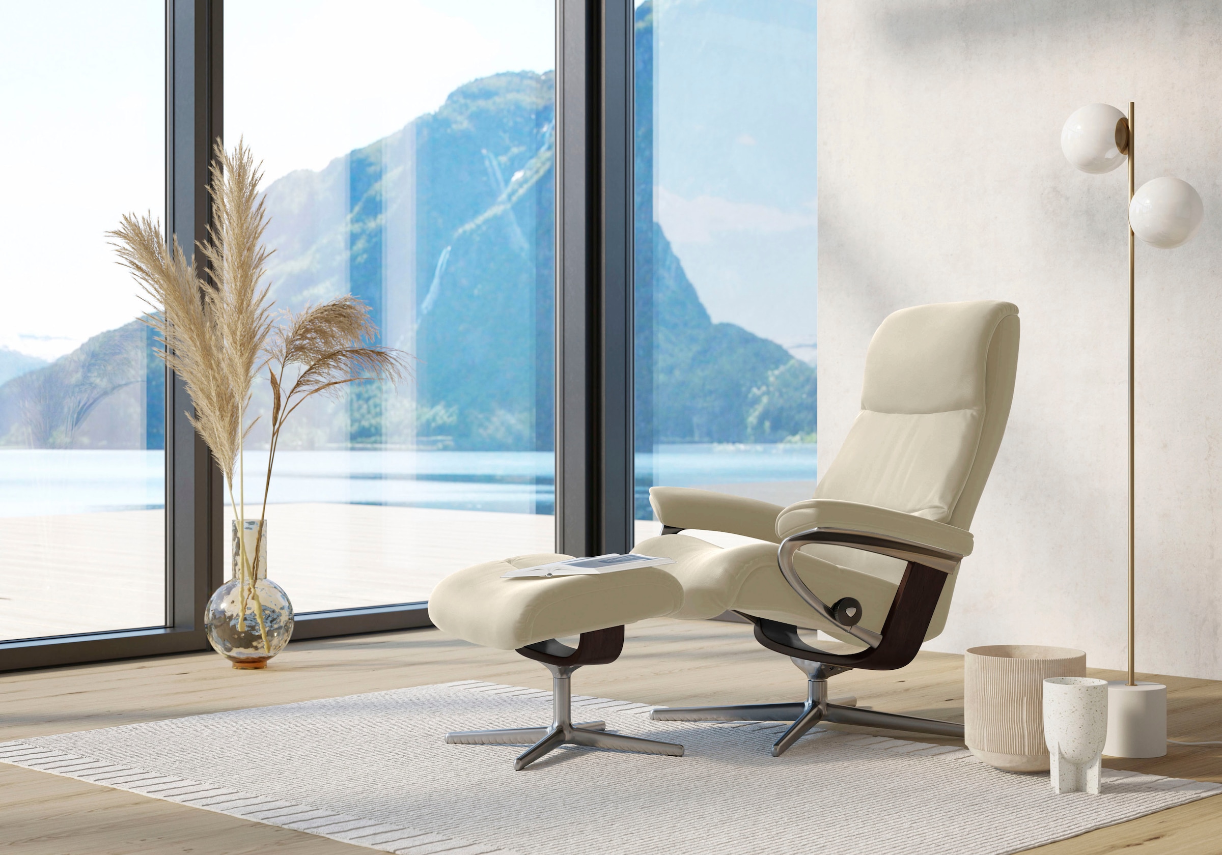 Stressless Relaxsessel "View" Set, Relaxsessel mit Hocker, mit Hocker, mit Cross Base, Größe S, M & L, Holzakzent Braun