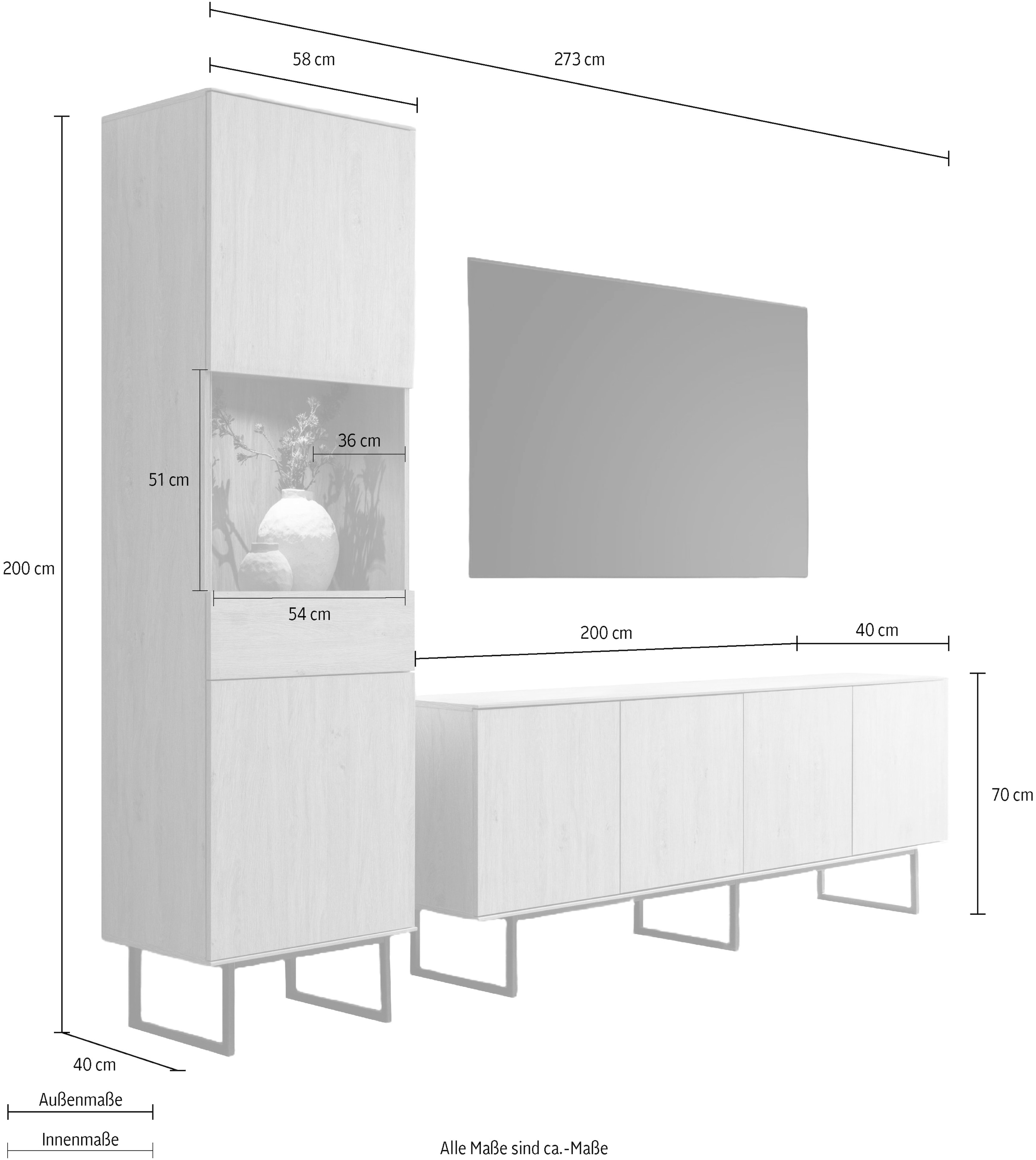 Home affaire Wohnwand »Lund, moderne Anbauwand, Wohnzimmer-Set in Stone Oak«, (2 St.), enthält Vitrine und Lowboard