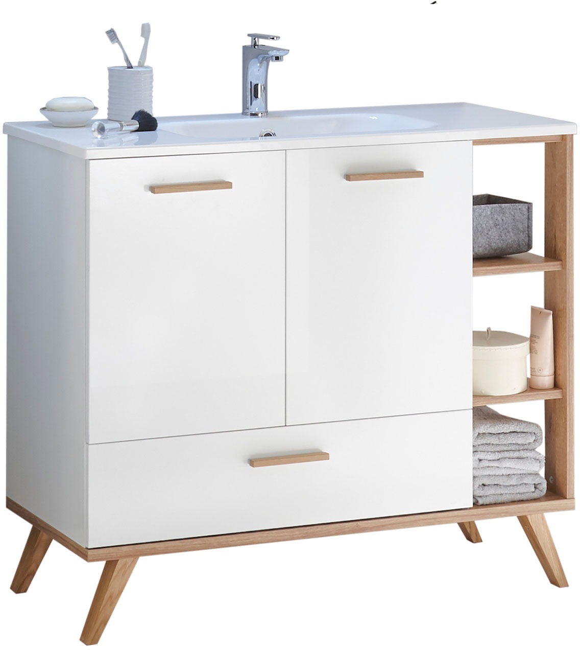 Saphir Badmöbel-Set »Quickset Mineralmarmor-Waschtisch mit LED-Spiegel, Unterschrank«, (7 St.), Hängeschrank, Hochschrank, 6 Türen, 2 Schubladen, 7 Glas-Einlegeböden