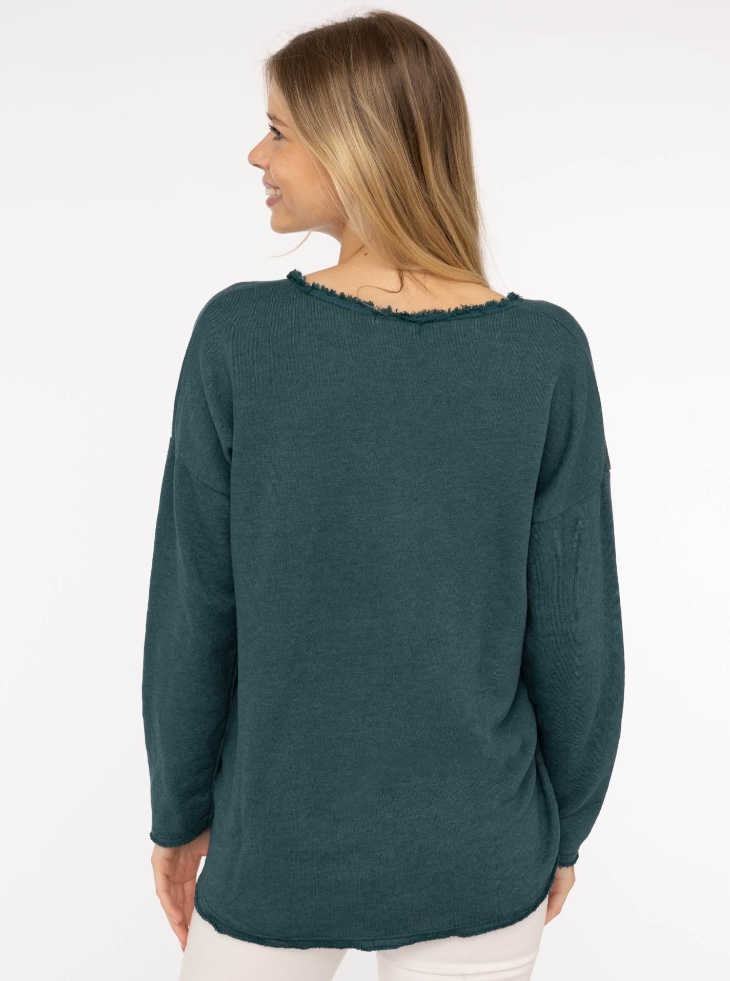 Thumbnail - Zwillingsherz Sweatshirt ""Positive Mind"", ausgefranster V-Ausschnitt, Used Look, Langarm, Schriftzug