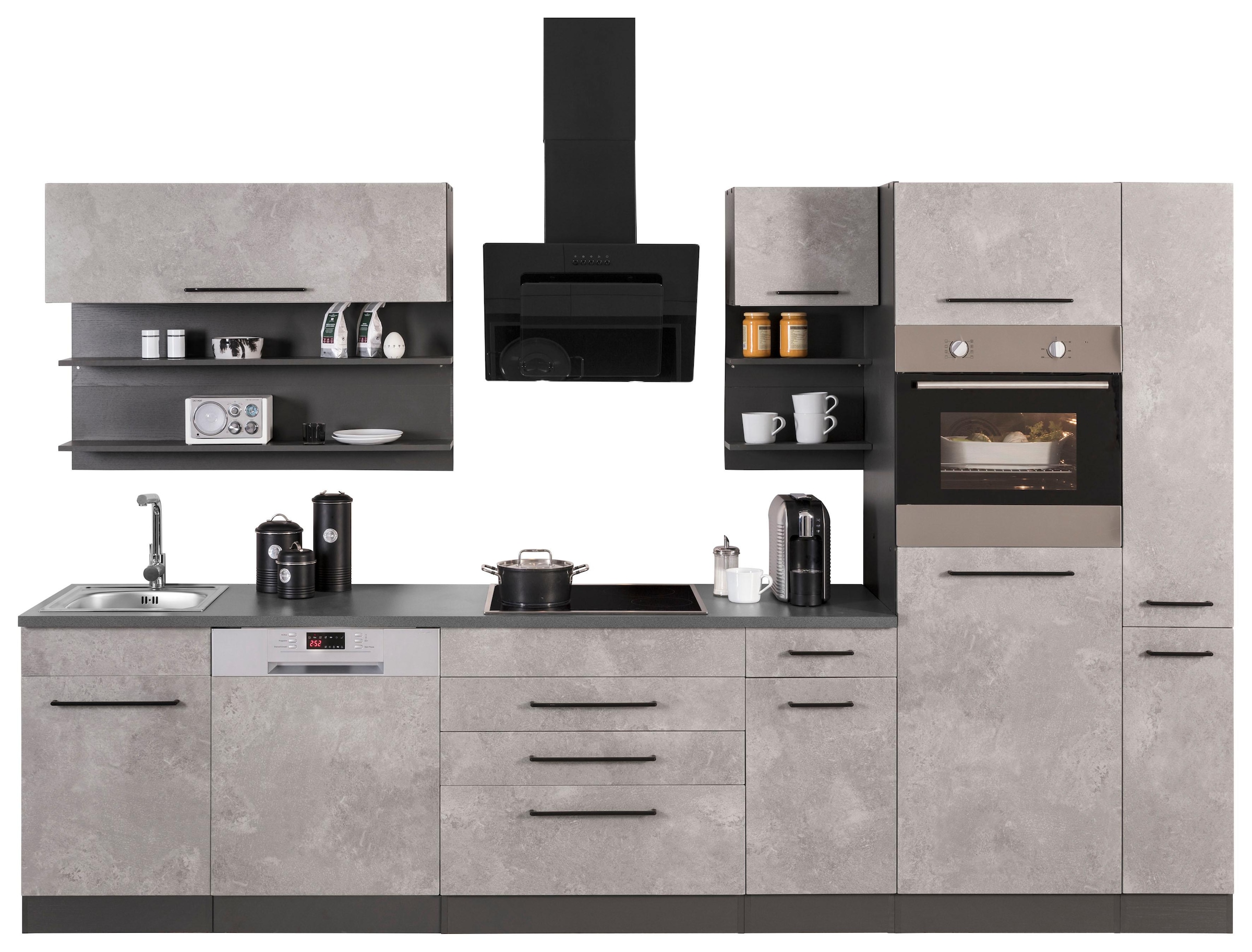 KOCHSTATION Küchenzeile "KS-Tulsa", mit E-Geräten, Breite 320 cm, schwarze Metallgriffe, MDF Fronten