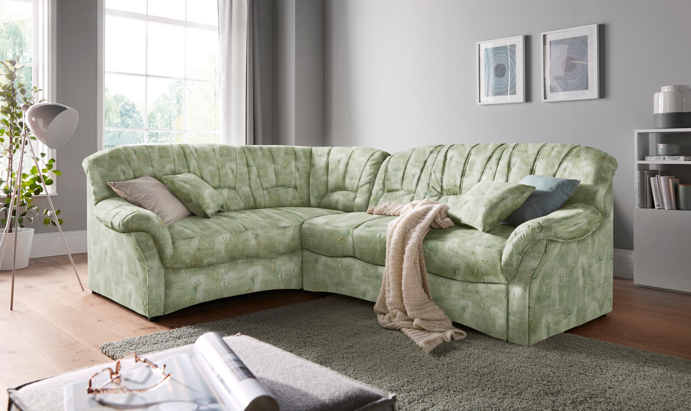 DOMO collection Ecksofa »Bahia, zeitlos und elegant, bequeme Armlehnen, L-Form«, Belastbarkeit bis 140 kg pro Sitzfläche, mit Federkern und Zierkissen