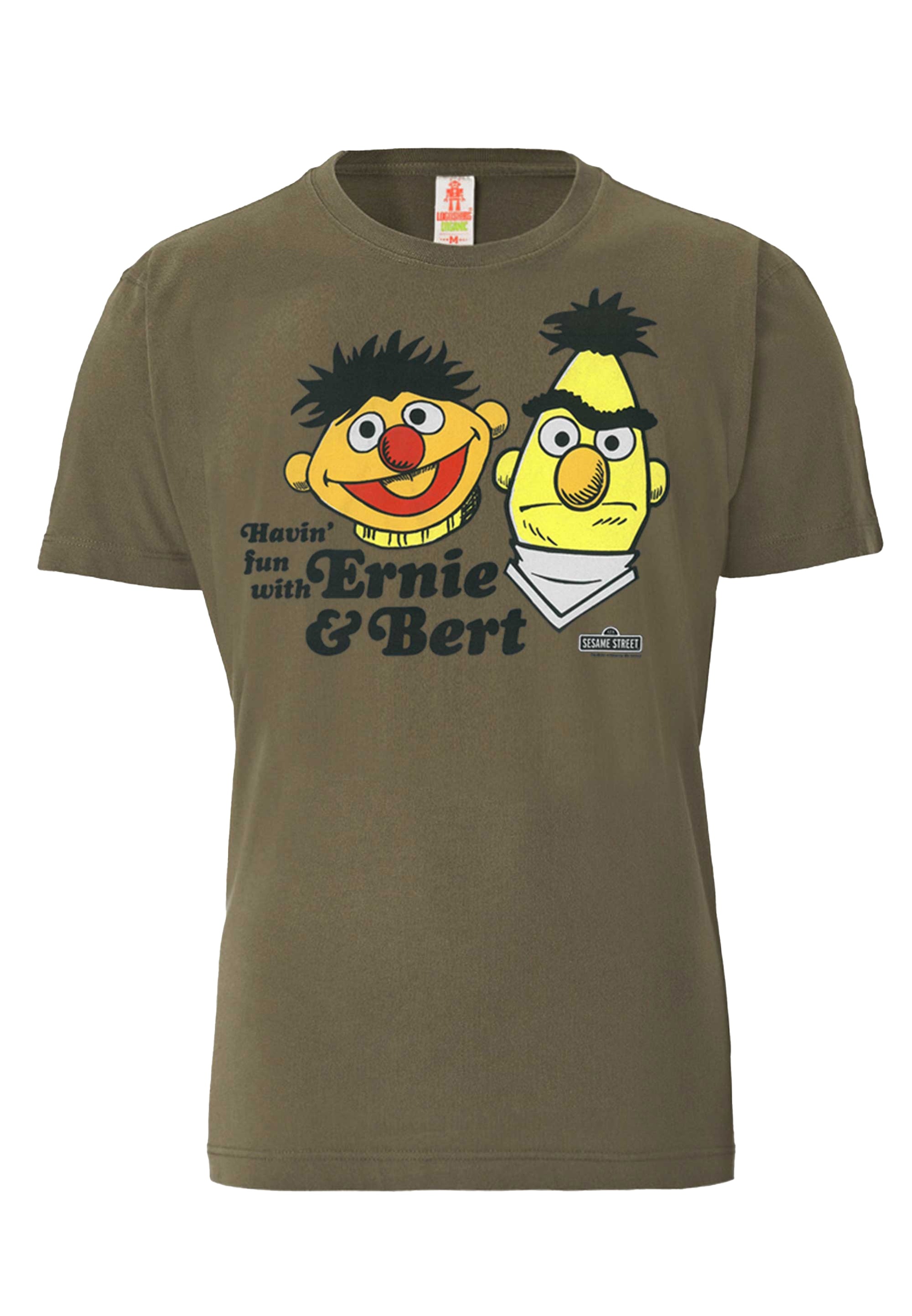 T-Shirt LOGOSHIRT "Sesamstrasse - Ernie & Bert  Havin Fun", Herren, Gr. M, grün (olivgrün), 100% Baumwolle, bedruckt, normal, Rundhals, Shirts T-Shirt, mit angesagtem Ernie & Bert-Print 2