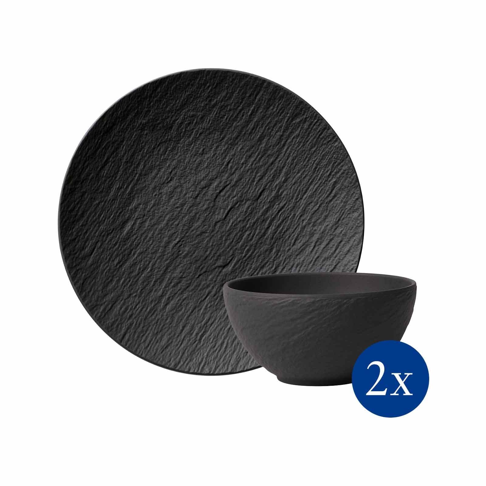 Villeroy & Boch Geschirr-Set "Frühstück Set Manufacture Rock schwarz" Spülmaschinengeeignet, Mikrowellenfest