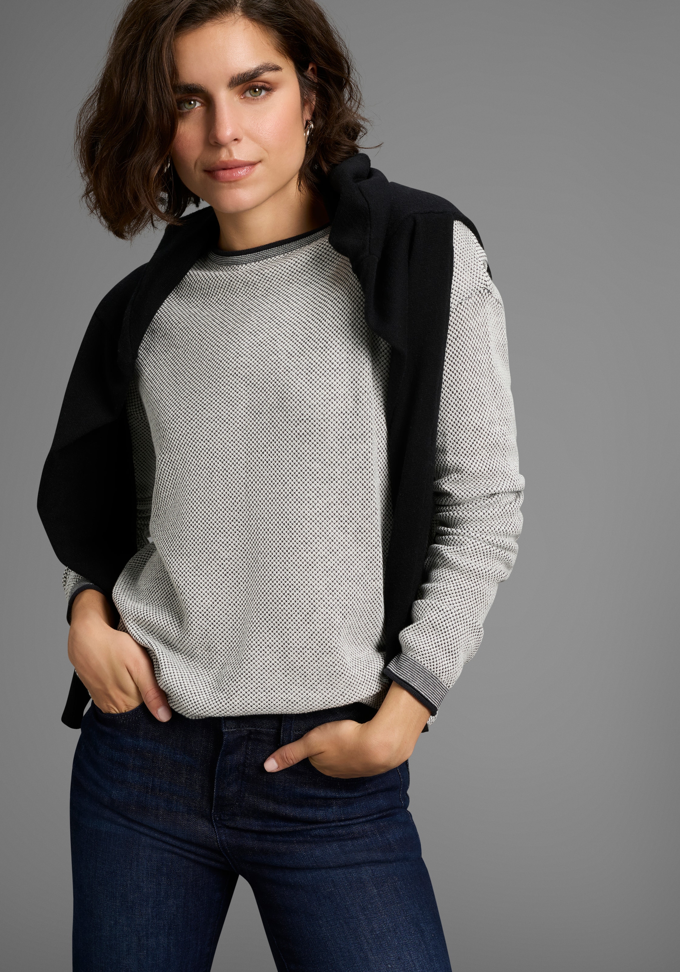 Laura Scott Rundhalspullover leichter Feinstrick mit Waffelmuster
