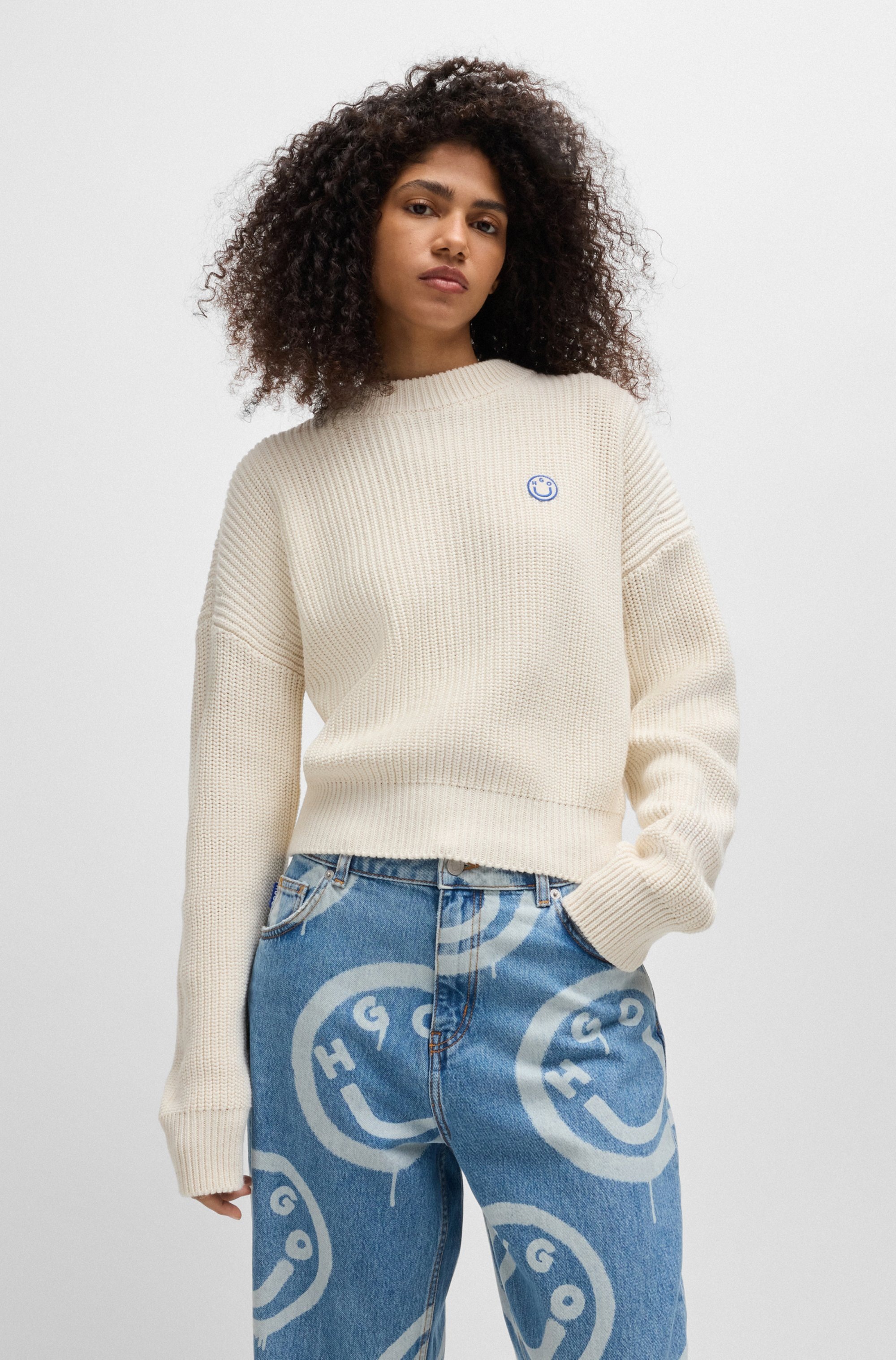 HUGO Blue Strickpullover "Slogery", mit "Happy Hugo" Badge günstig online kaufen