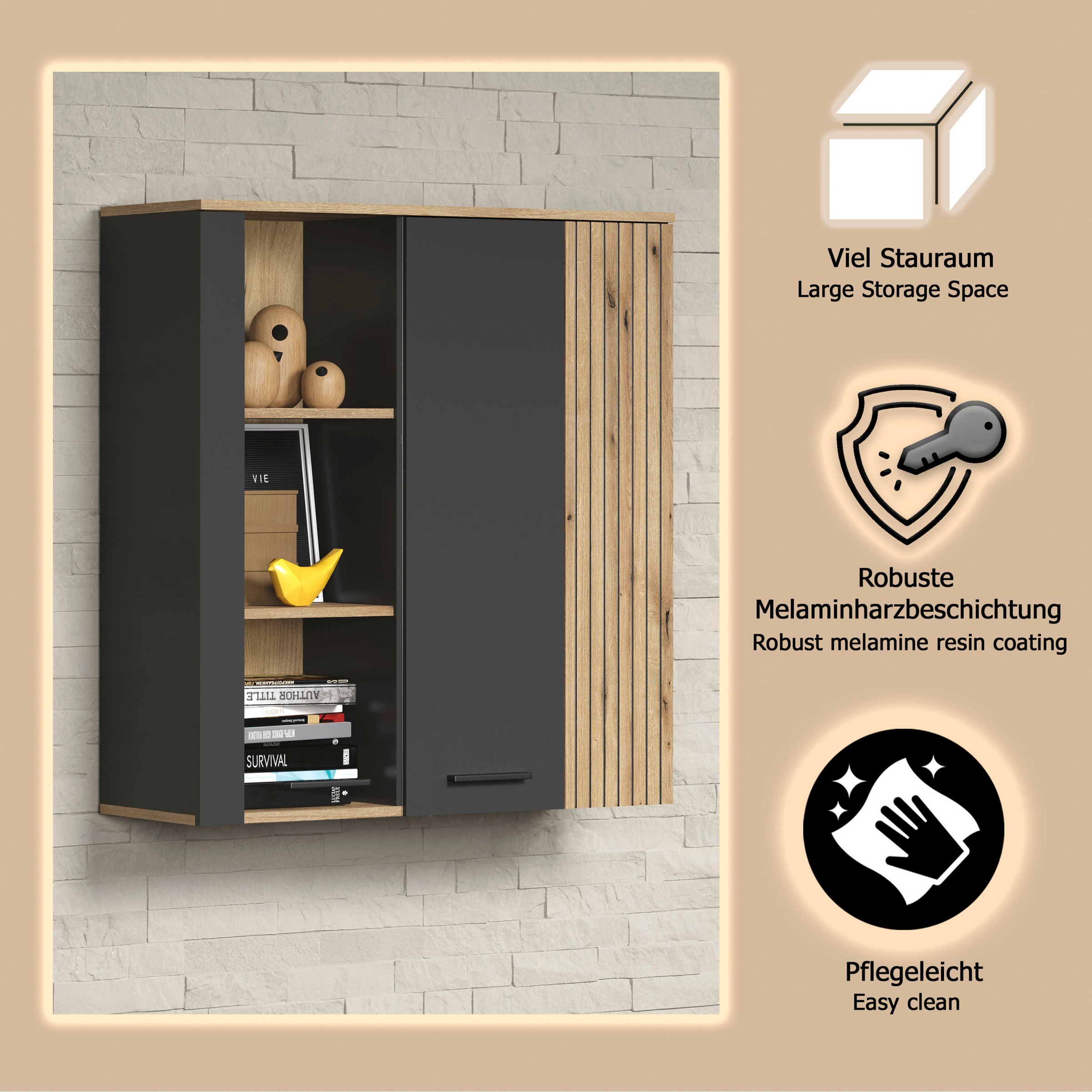 Home affaire Hängevitrine »Estepona« 1 Stk. tlg. Tür mit Akustikpaneel-Look