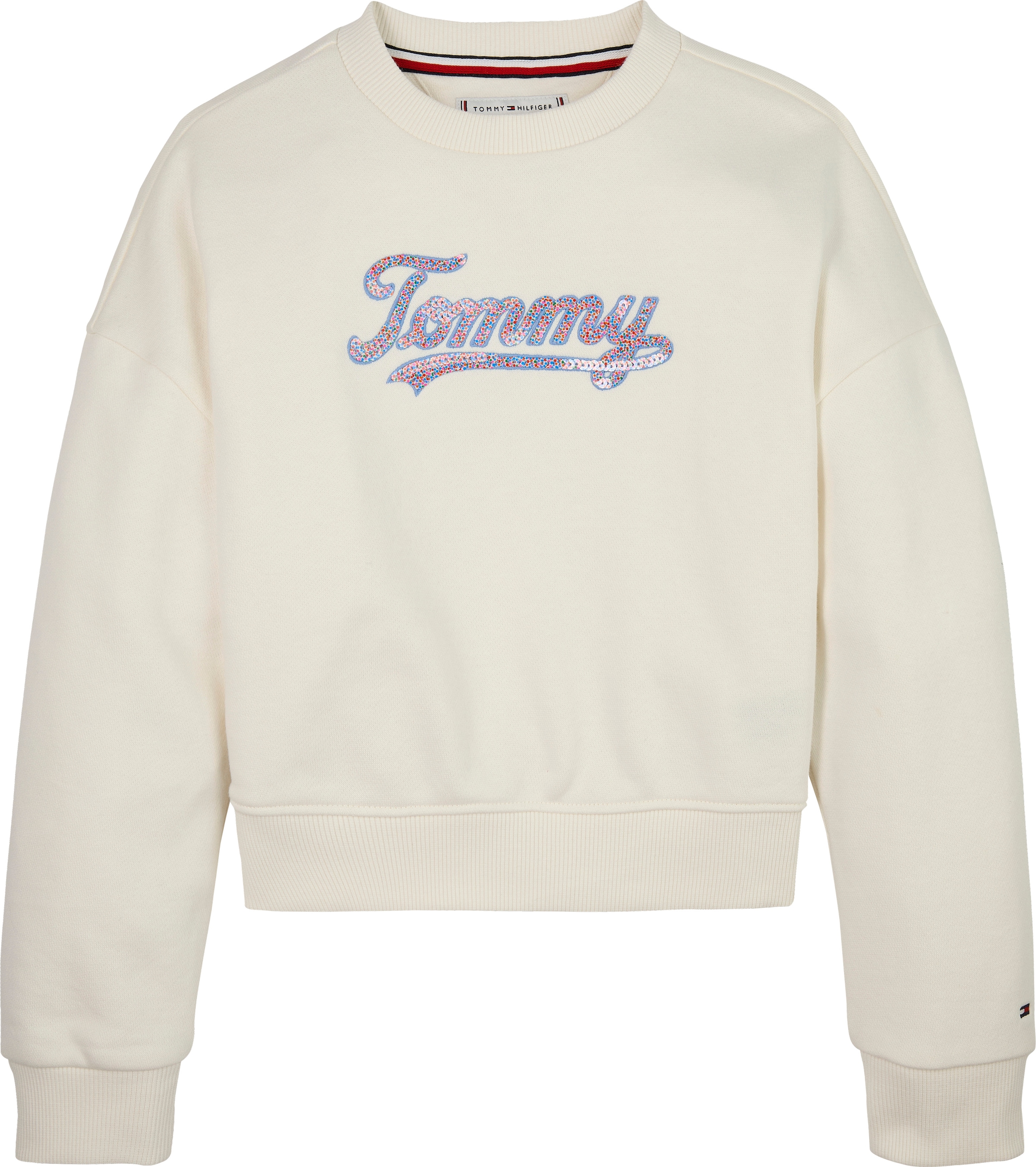 Tommy Hilfiger Sweatshirt »TOMMY SCRIPT SEQUIN SWEATSHIRT«, für Kinder bis 16 Jahre, Logo-Schriftzug mit bunten Pailletten
