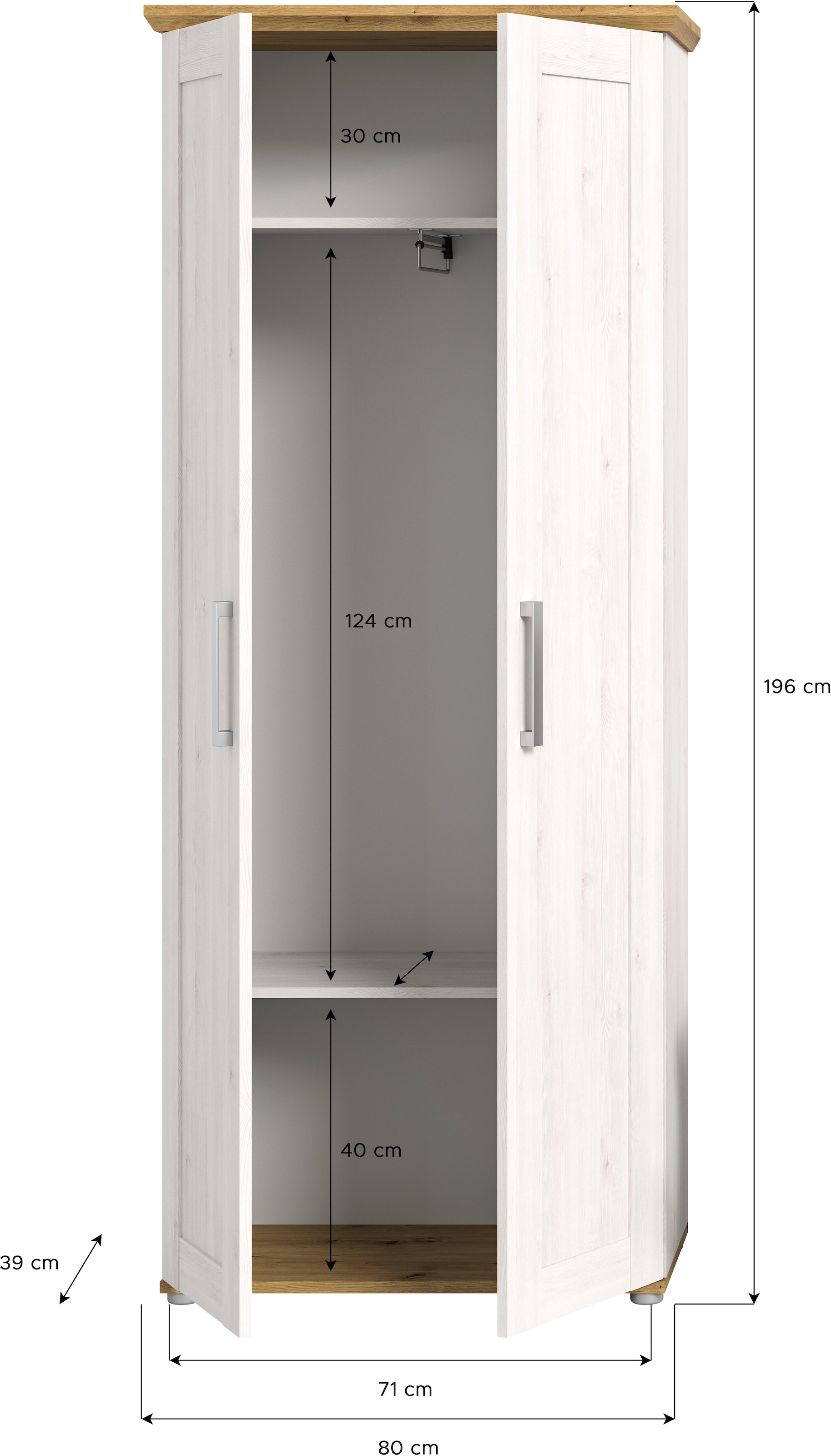 Home affaire Garderobenschrank »Cosenza, Höhe 196 cm, 2 Türen, 2 Einlegeböden, 1 Kleiderstange«, Hochschrank, Stauraumschrank, Schrank, Flurschrank, Dielenschrank