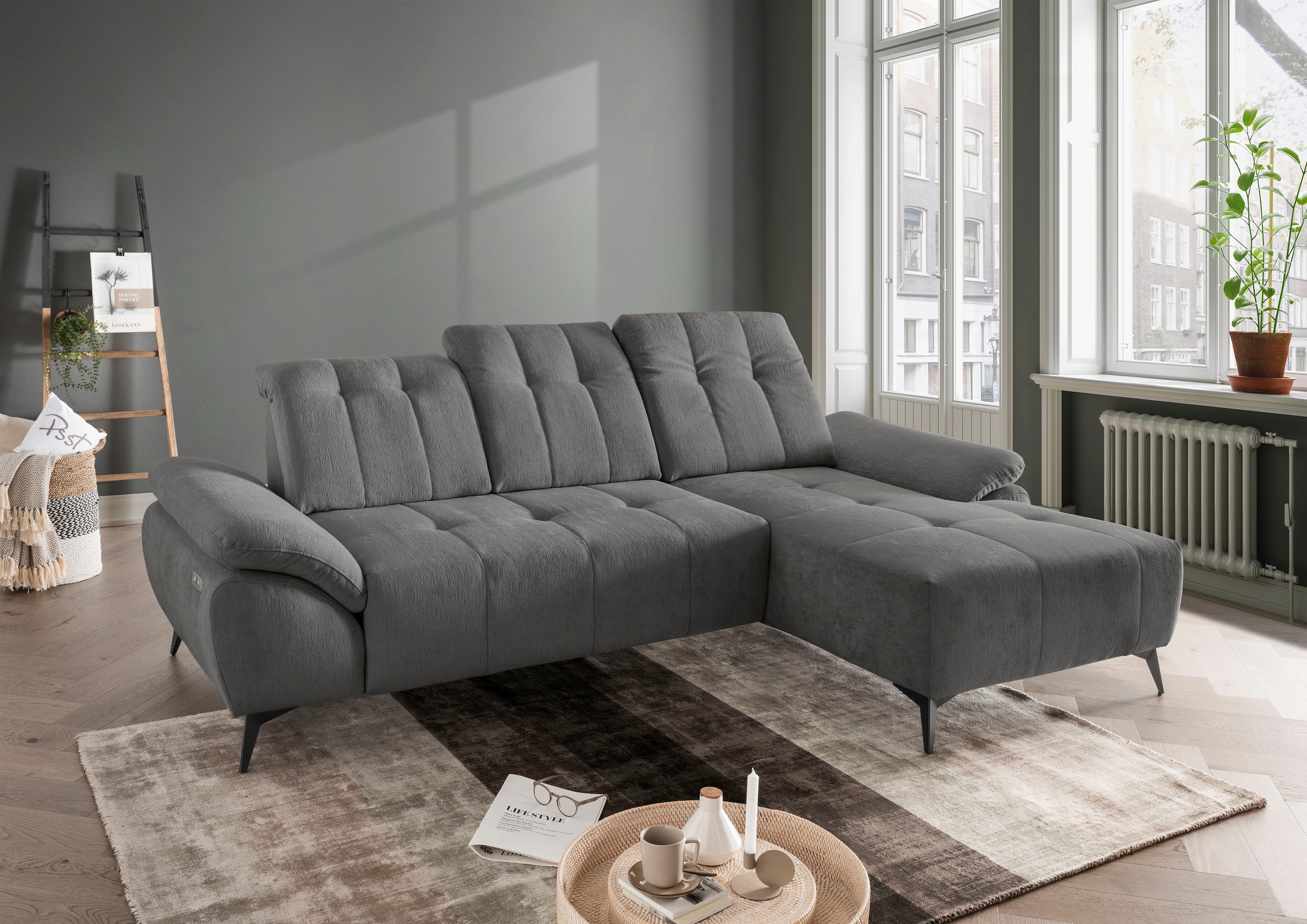 Home affaire "Fiore modern, bequeme Armlehnen, tolle Detailverarbeitung, L-Form" elektrischer Sitzvorschub und Kopfstützen höhenverstellbar