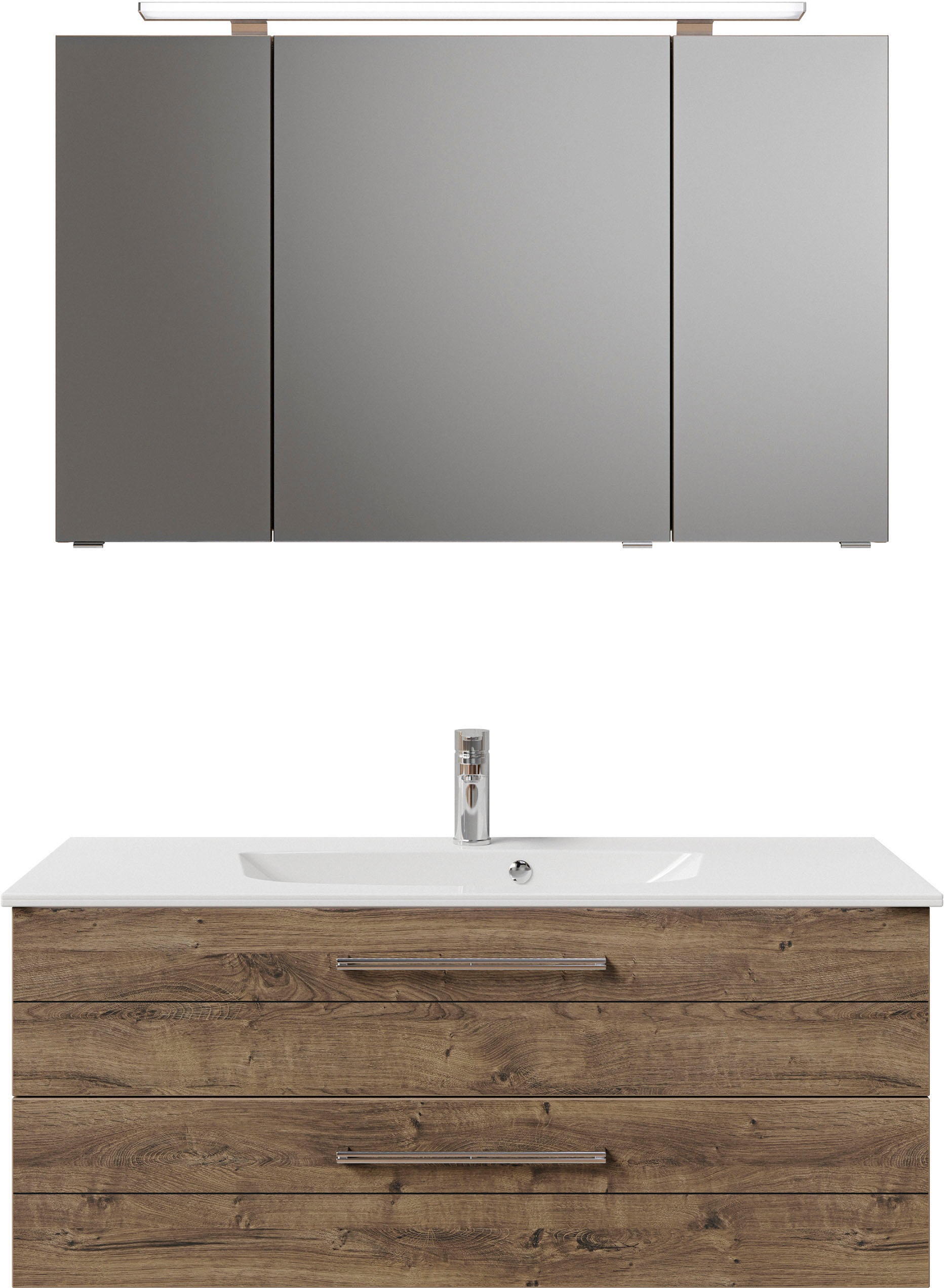 Saphir Badmöbel-Set »Serie 6025 2-teilig Mineralmarmor-Waschtisch mit LED-Spiegelschrank«, (2 St.), Waschplatz 117cm breit, 2 Schubladen, 3 Spiegel-Türen, inkl Türdämpfer