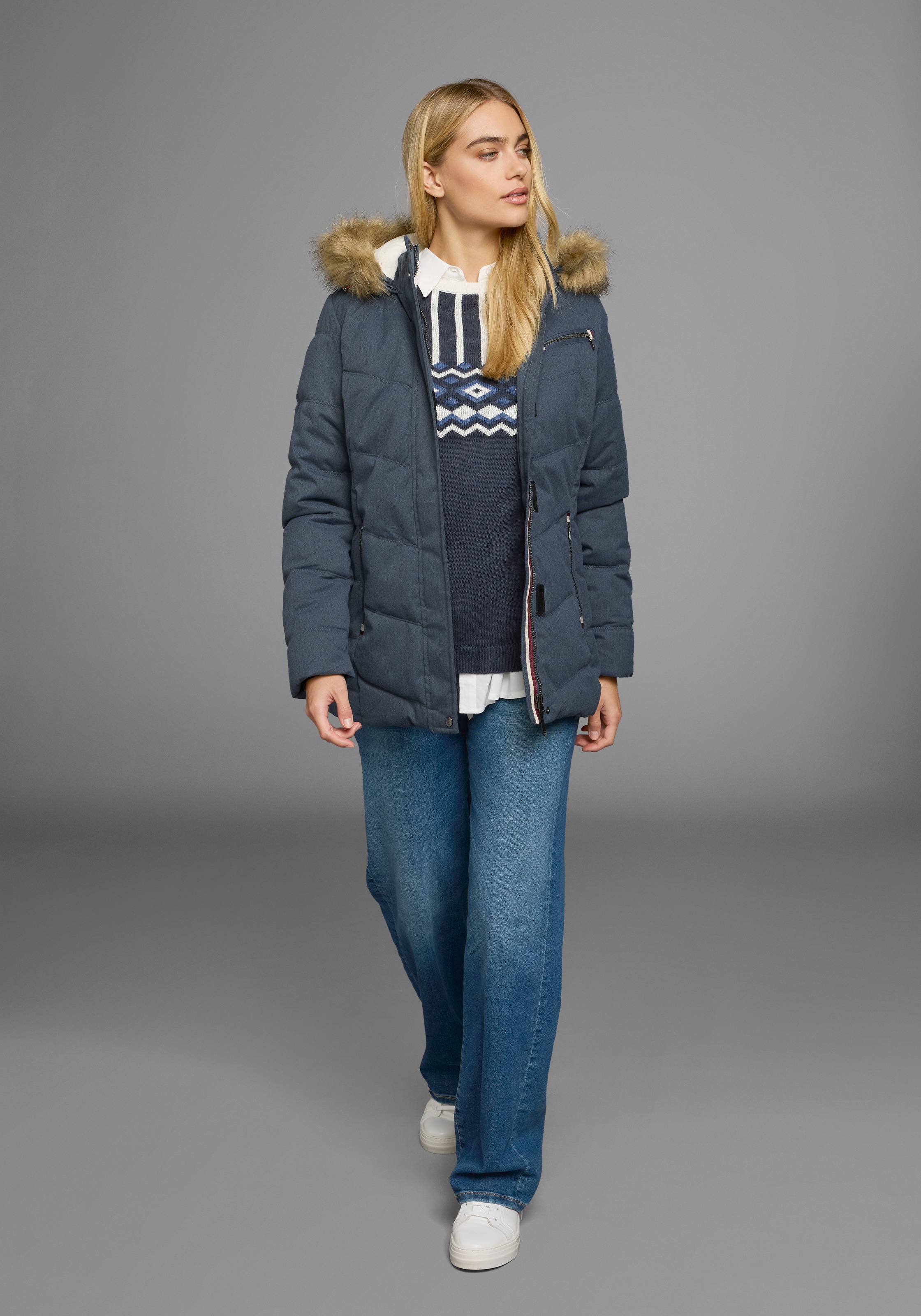 Polarino Steppjacke, mit Kapuze, mit abnehmbarer Kapuze, mit Fellimitat, viele Taschen
