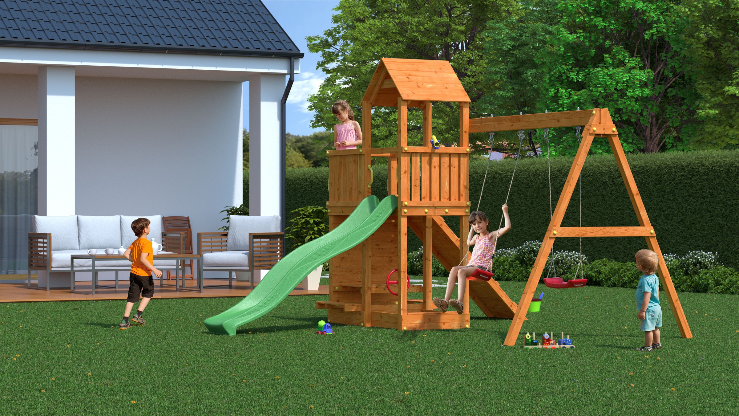 FUNGOO Spielturm »FLOPPI« mit Rutsche, Doppelschaukel, Kletterwand, Teleskop, Lenkrad