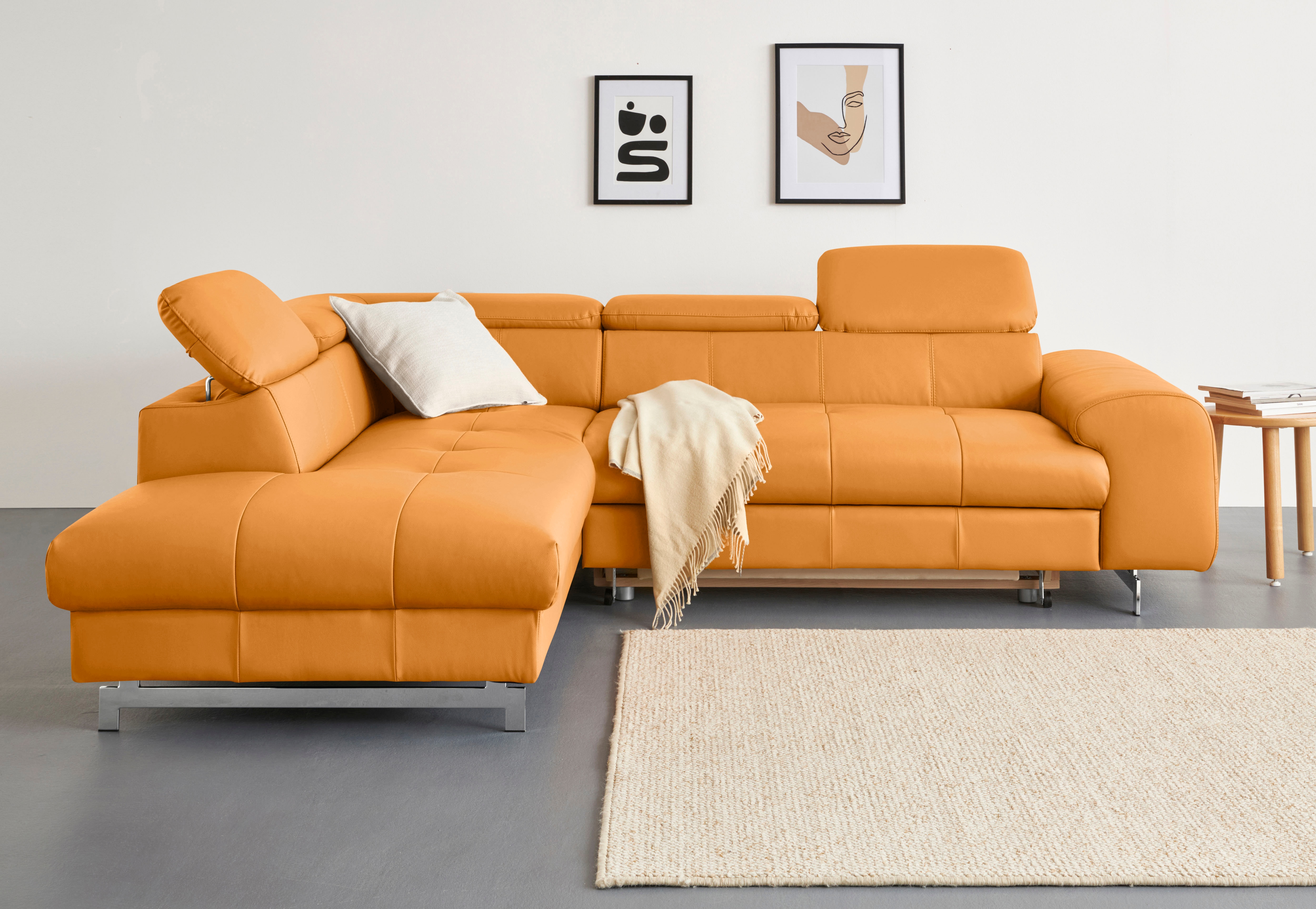 COTTA Ecksofa "Chef L-Form, B: 257cm, Leder, inkl. Kopfteilverstellung" optionale Schlaffunktion, moderne Metallkufen H 12cm, Wellenfederung