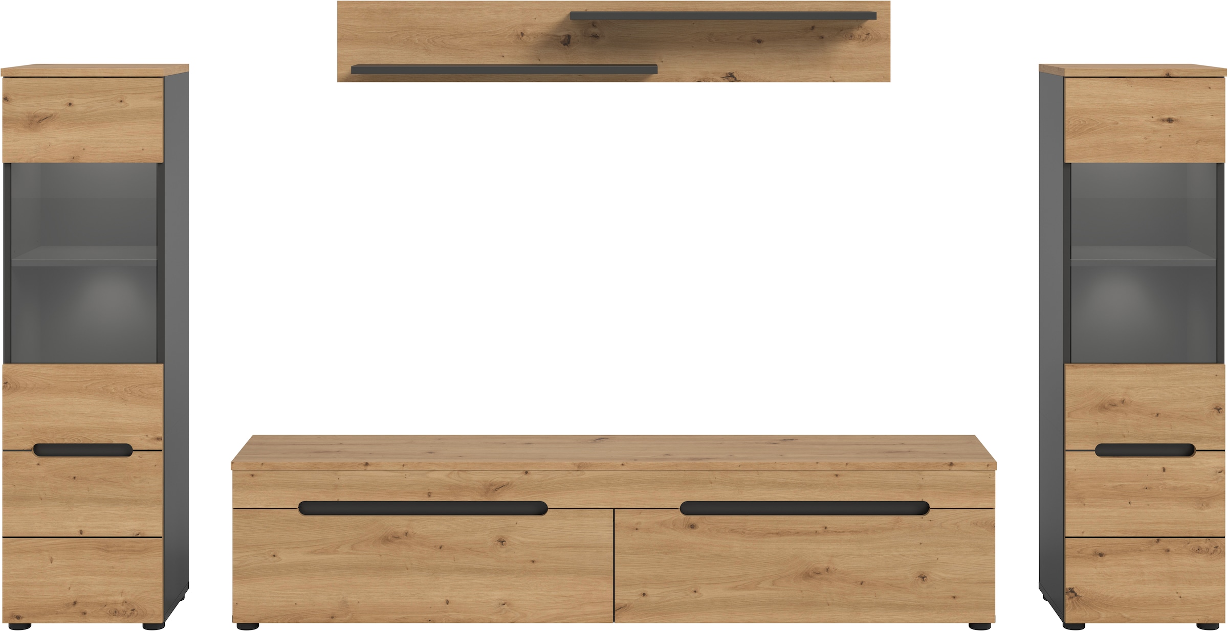 INOSIGN Wohnwand »REHAT, TOPSELLER!, 4-teilig, inkl. Beleuchtung, stehend oder hängend«, (4 St., Set bestehend aus: 2x Vitrine inkl. Beleuchtung, Lowboard & Wandboard), Kombination, Anbauwand, Set, Wohn-Set, Wohnzimmer-Set, Schrankwand