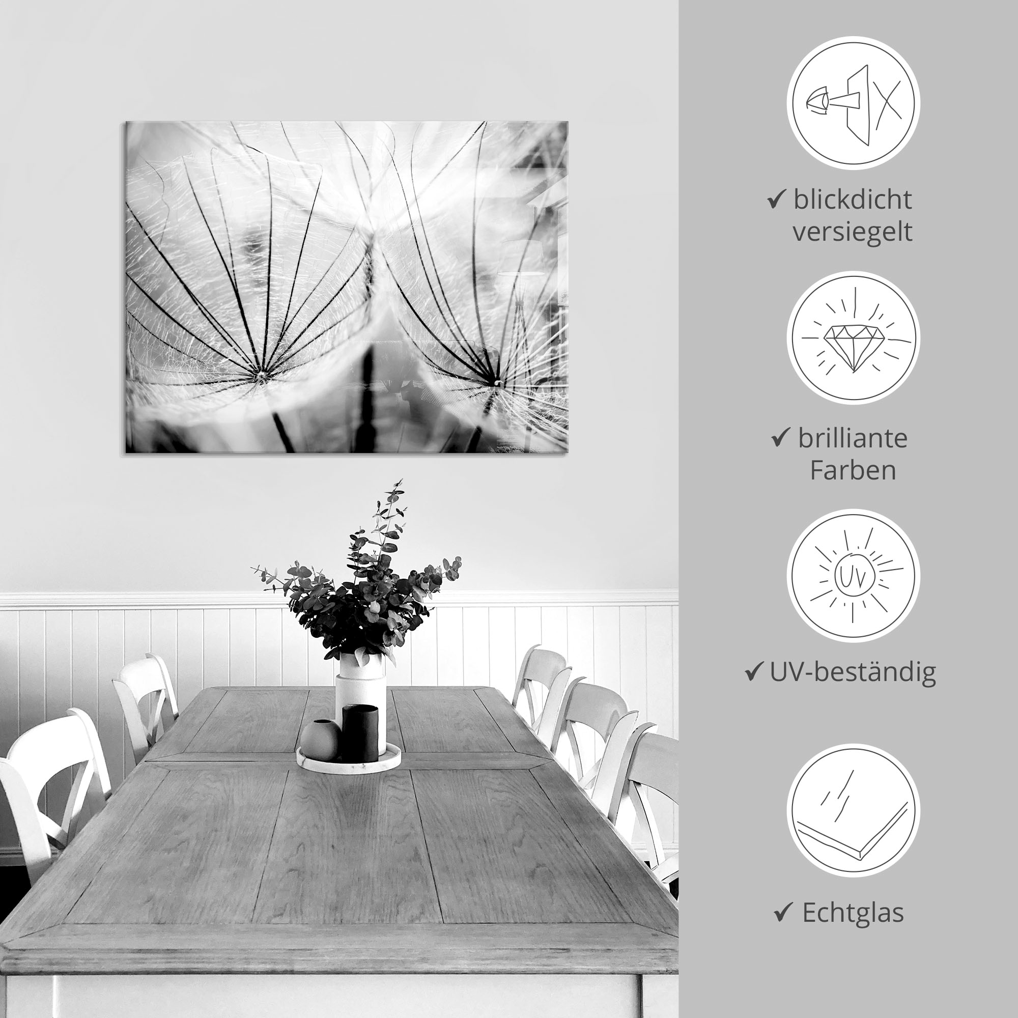 Artland Glasbild »Pusteblume in schwarzweiß«, Blumen, (1 St.), in verschiedenen Größen