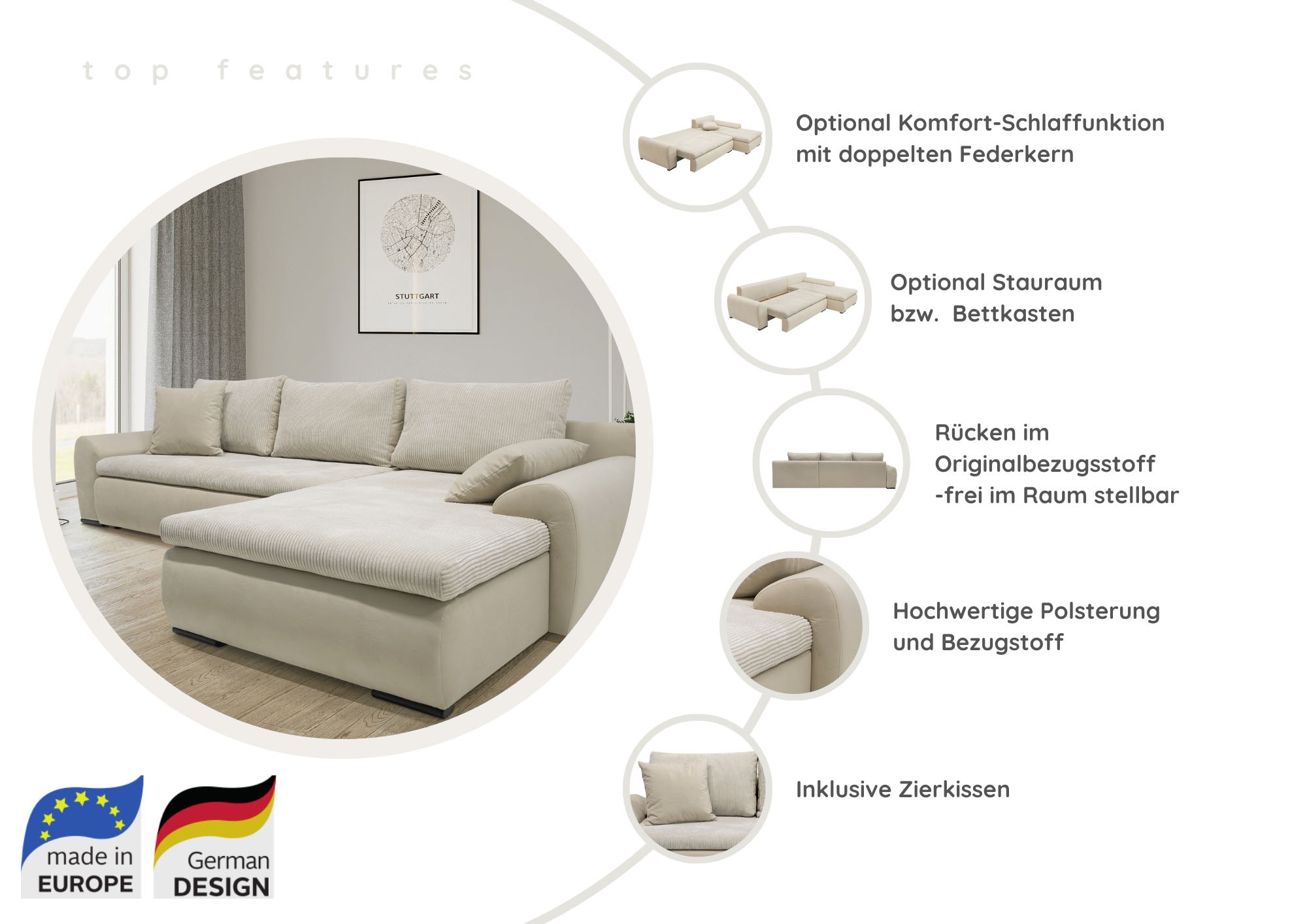 Thumbnail - Home affaire Ecksofa "Win, L-Form, Breite 285cm" optional mit Schlaffunktion und Bettkasten, hellgrau, Cord