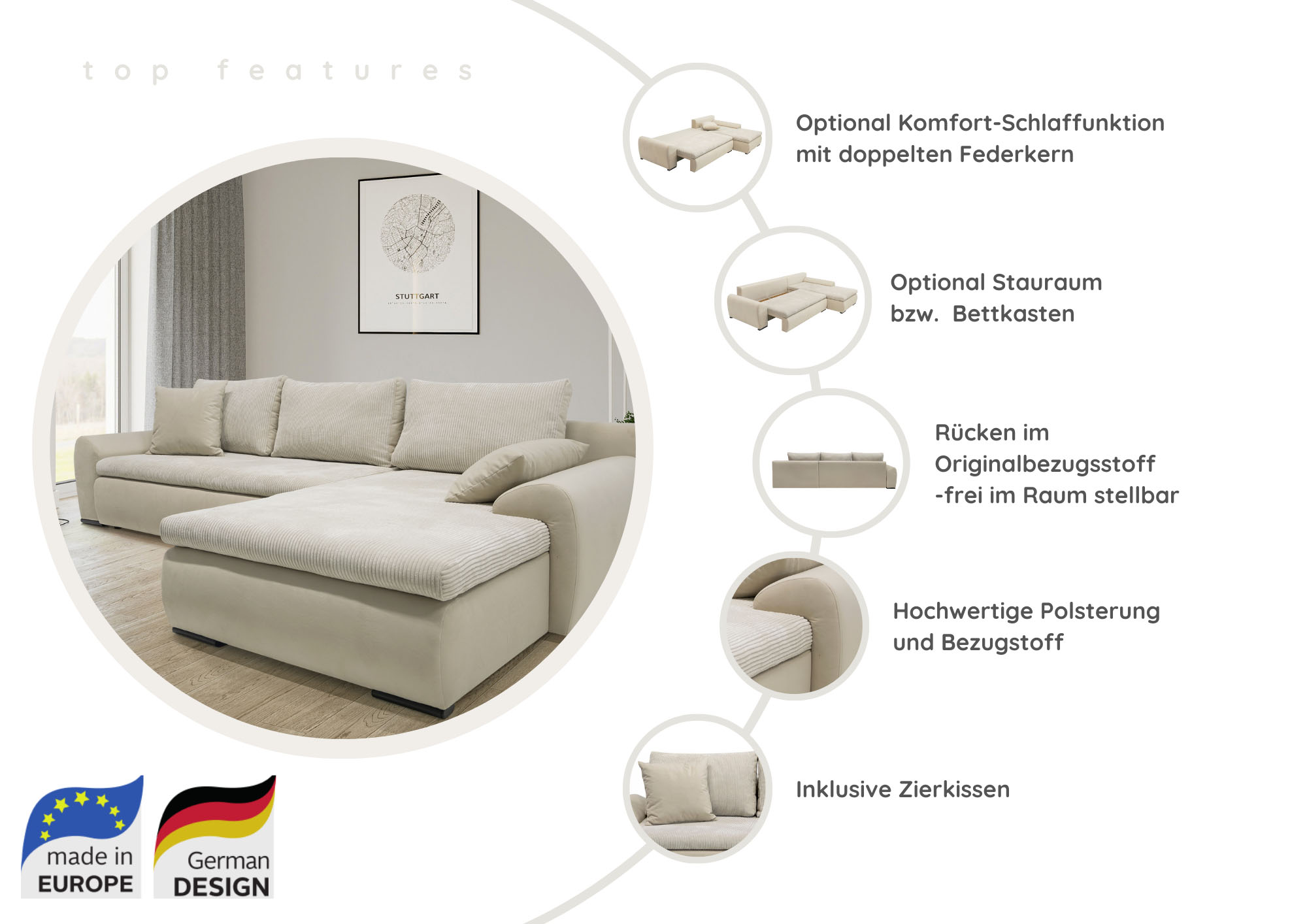 Thumbnail - Home affaire Ecksofa "Win, L-Form, Breite 285cm" optional mit Schlaffunktion und Bettkasten, taupe, Cord