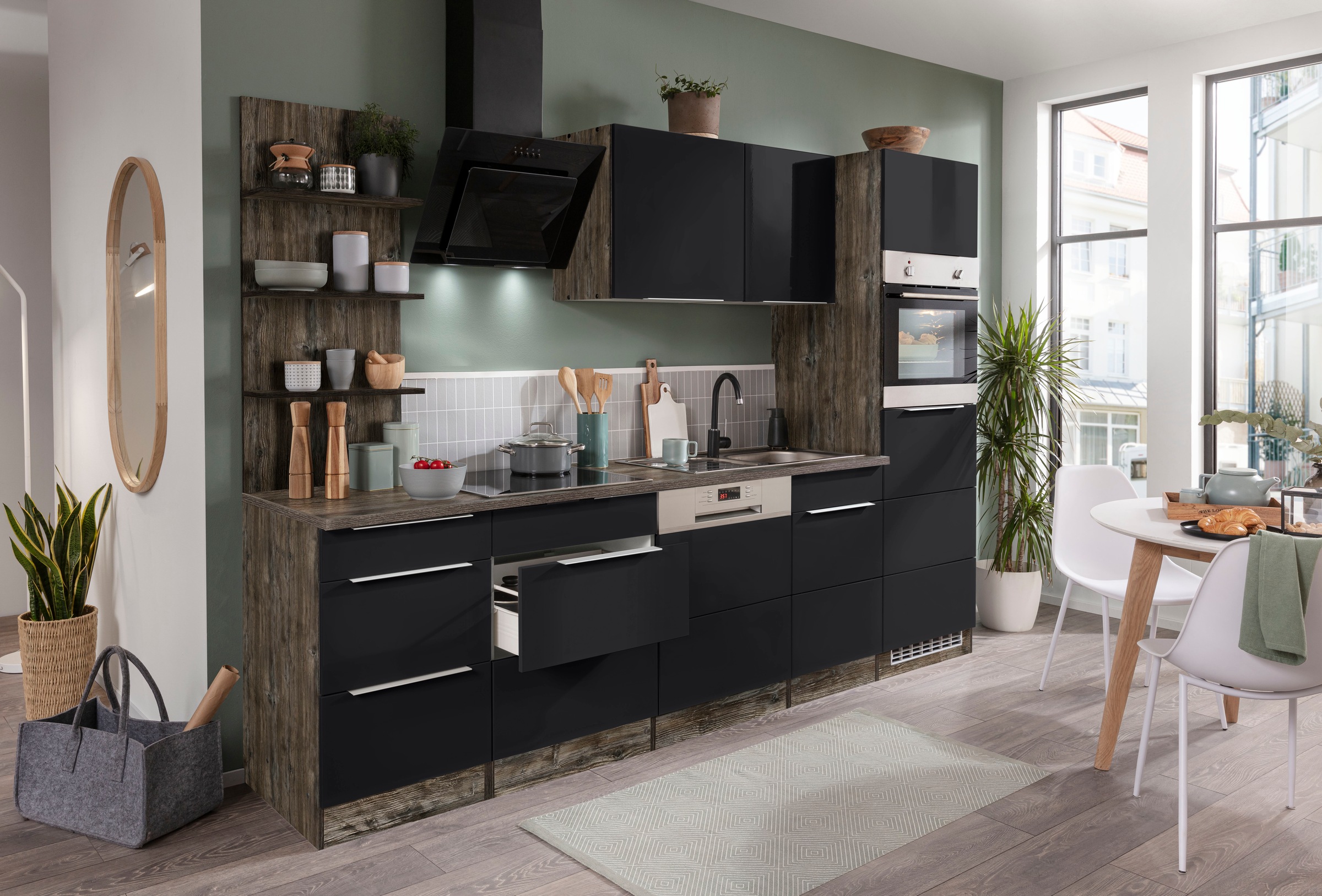 KOCHSTATION Küchenzeile »KS-Brindisi Breite 280 cm«, wahlweise mit E-Geräten und Induktion, mit MDF-Fronten und Regal