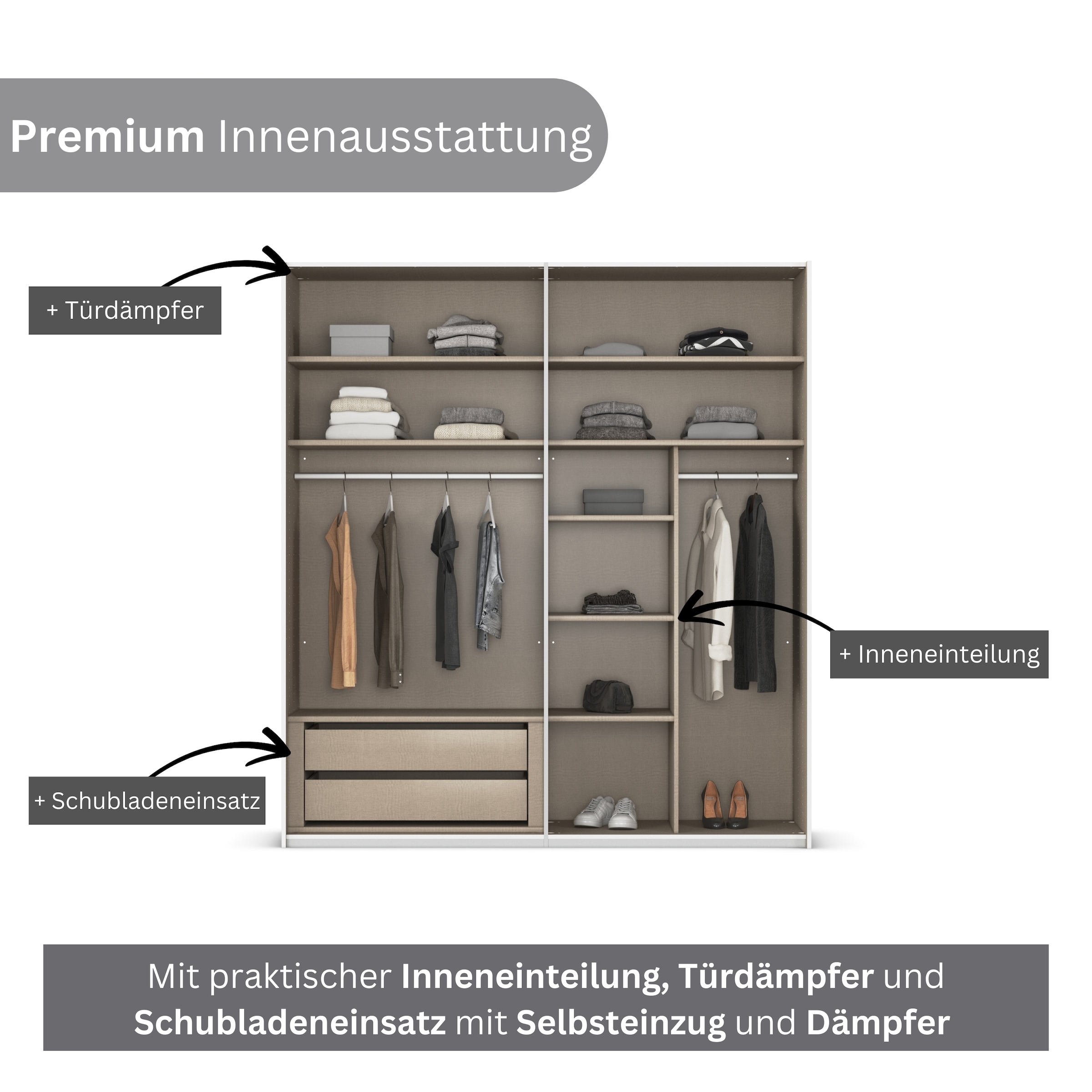 rauch Schwebetürenschrank »Kleiderschrank Schrank Garderobe Schlafzimmerschrank CONTIDO«, (in 3 verschiedenen Ausstattungen BASIC/CLASSIC/PREMIUM), aus hochwertigem Material in 6 Breiten 2 Griff-Farben MADE IN GERMANY