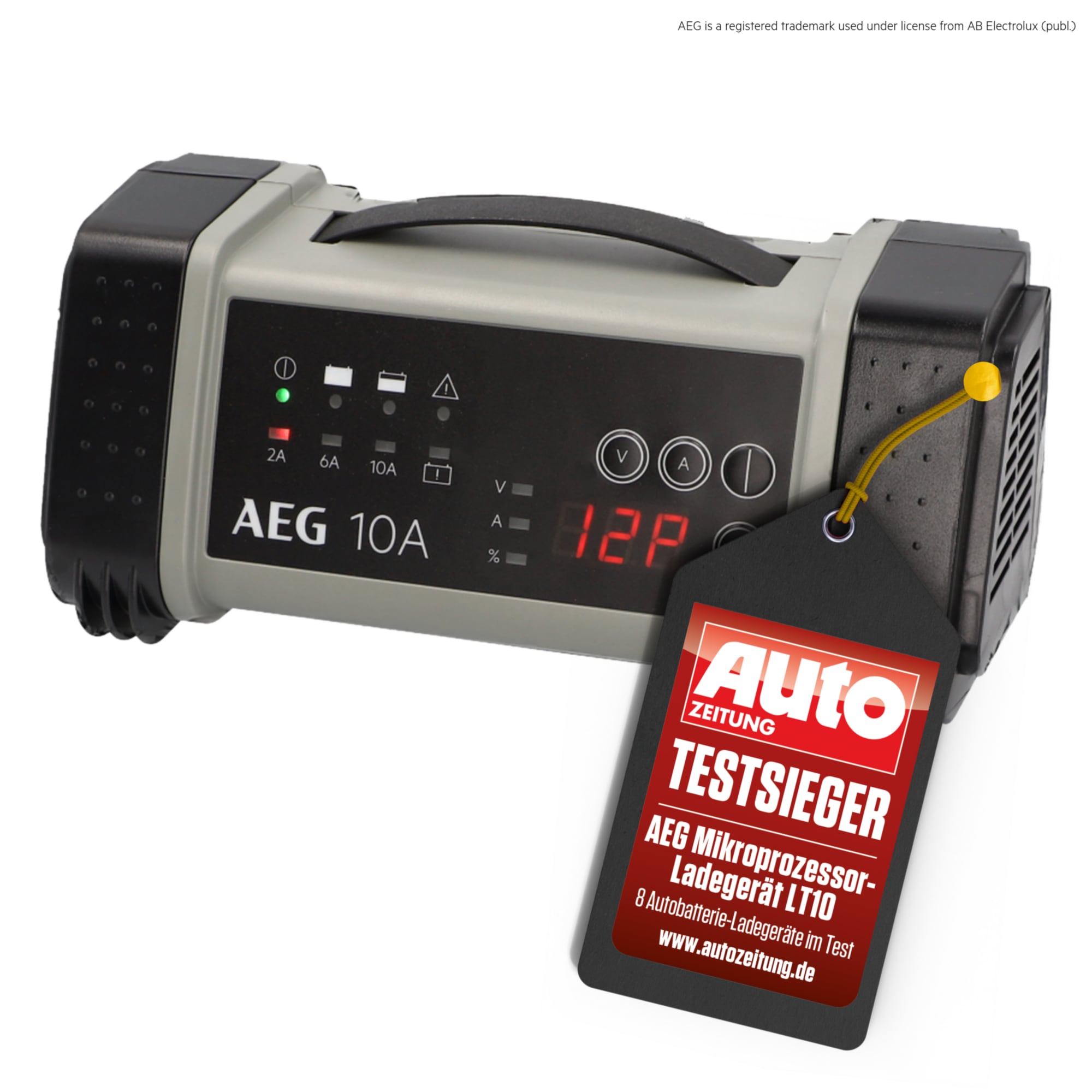 "Batterie-Ladegerät AEG ""LT 10A"", rot (grau, schwarz), B:15,6cm H:12,5cm T:27,5cm, Kunststoff, Ladegeräte, Mikroprozessor"