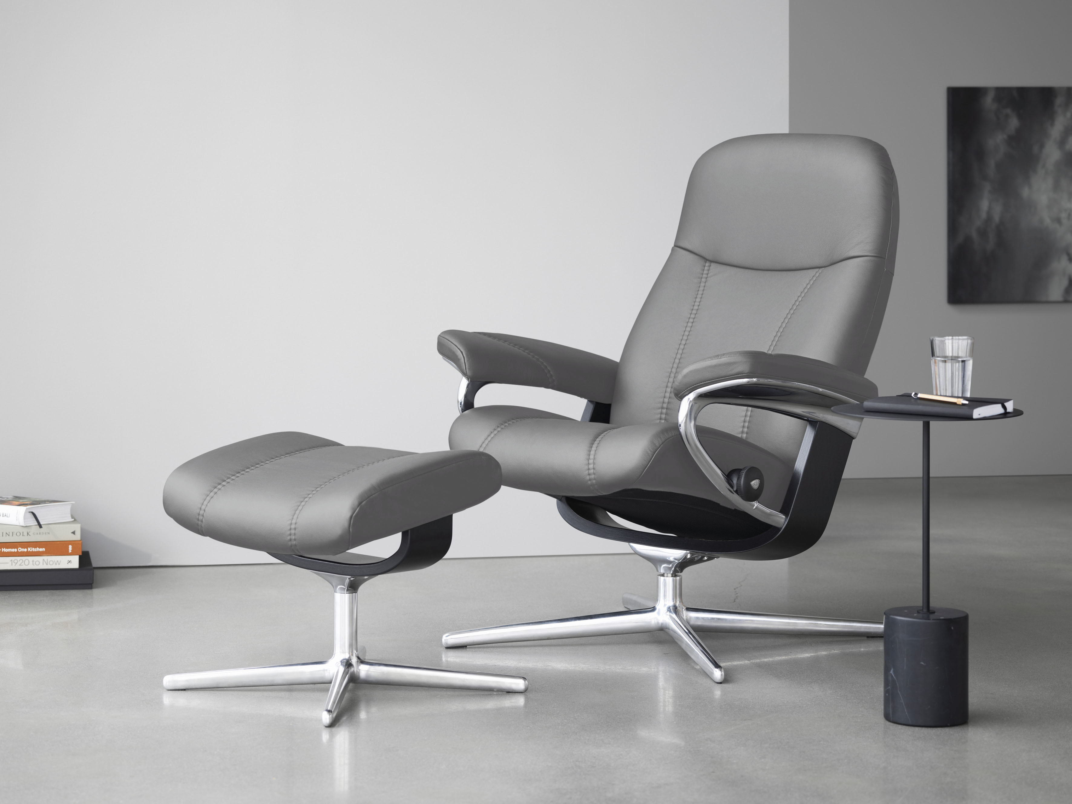 Stressless Relaxsessel "Consul" Set, Relaxsessel mit Hocker, mit Hocker, mit Cross Base, Größe S, M & L, Holzakzent Schwarz