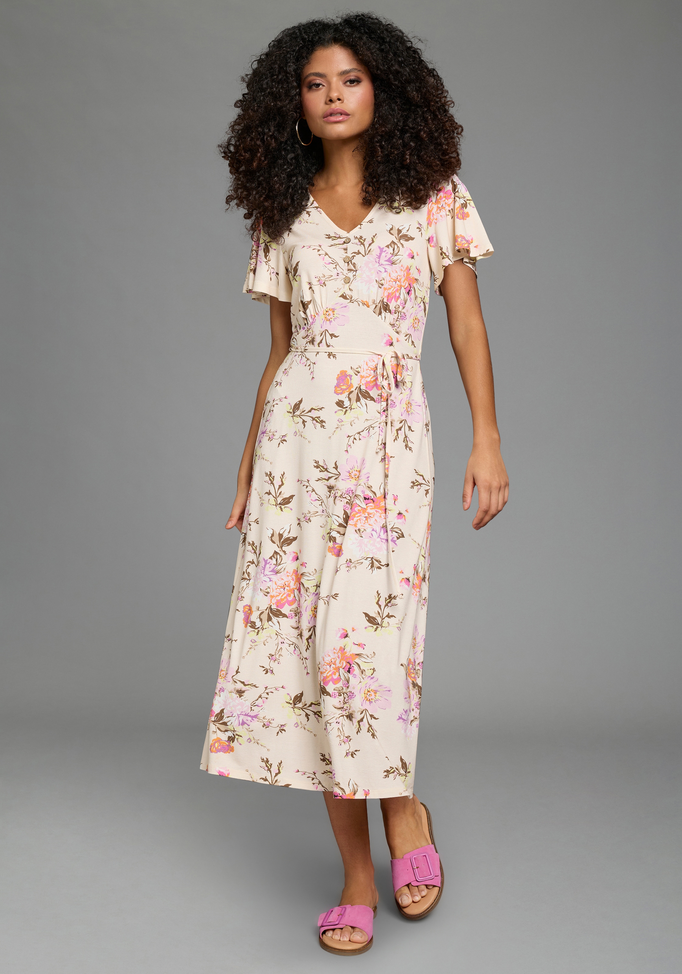 Laura Scott Sommerkleid mit geblümtem Design, aus Viskose und Elasthan, Midi-Länge