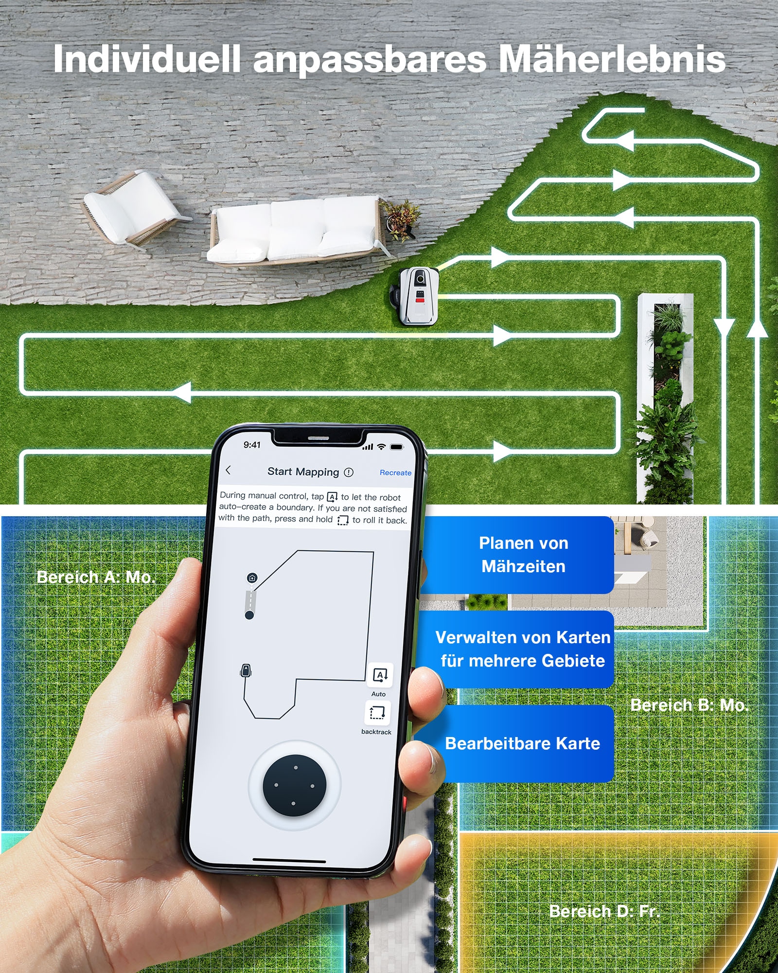 ECOVACS Rasenmähroboter »GOAT A1600 LiDAR PRO« Mäheffizienz von 400 m²/h, Trimmer (8500 rpm),   Dual-LiDAR Navigation, leistungsstarker 32-V Energieplattform