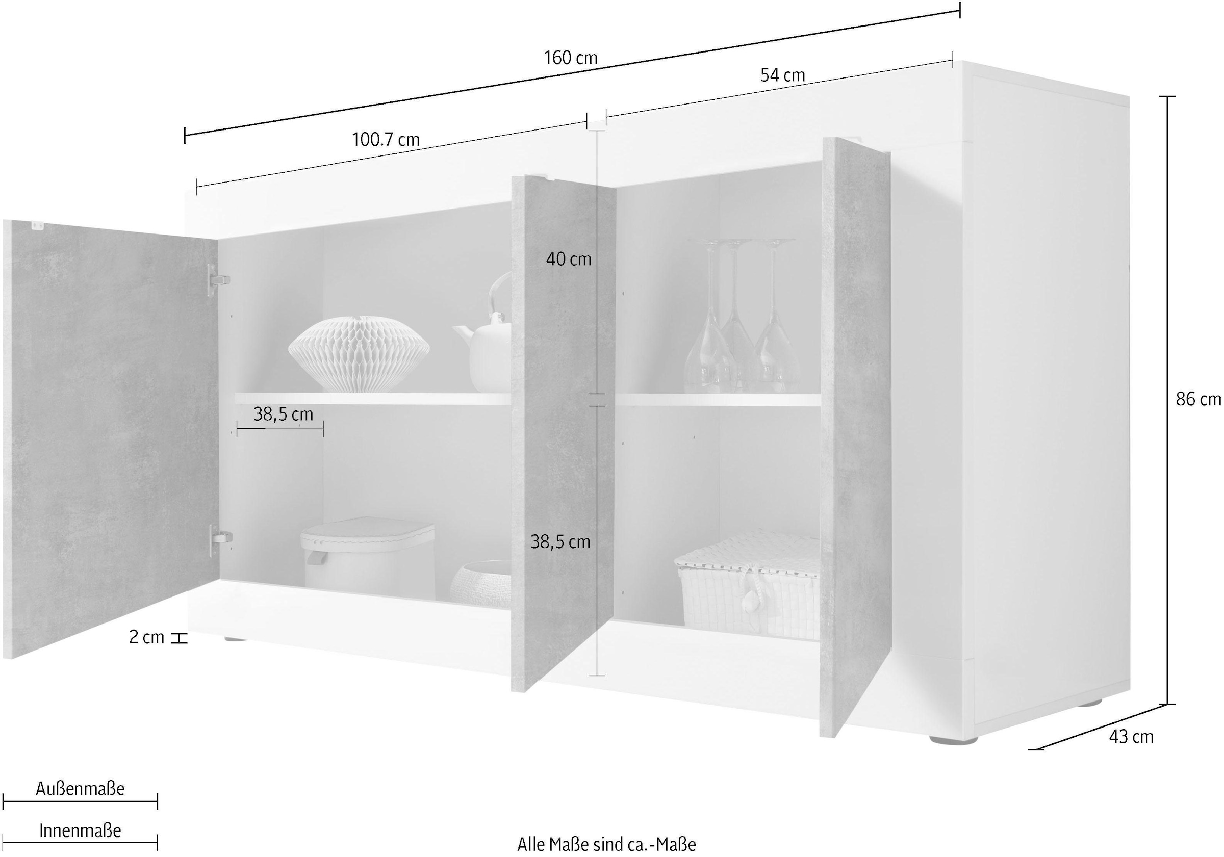 LC Sideboard »Basic Breite 160 cm, Kommode 3 Türen, Anrichte,«, Metallgriff, moderne Rahmenoptik, viel Stauraum, Farbauswahl