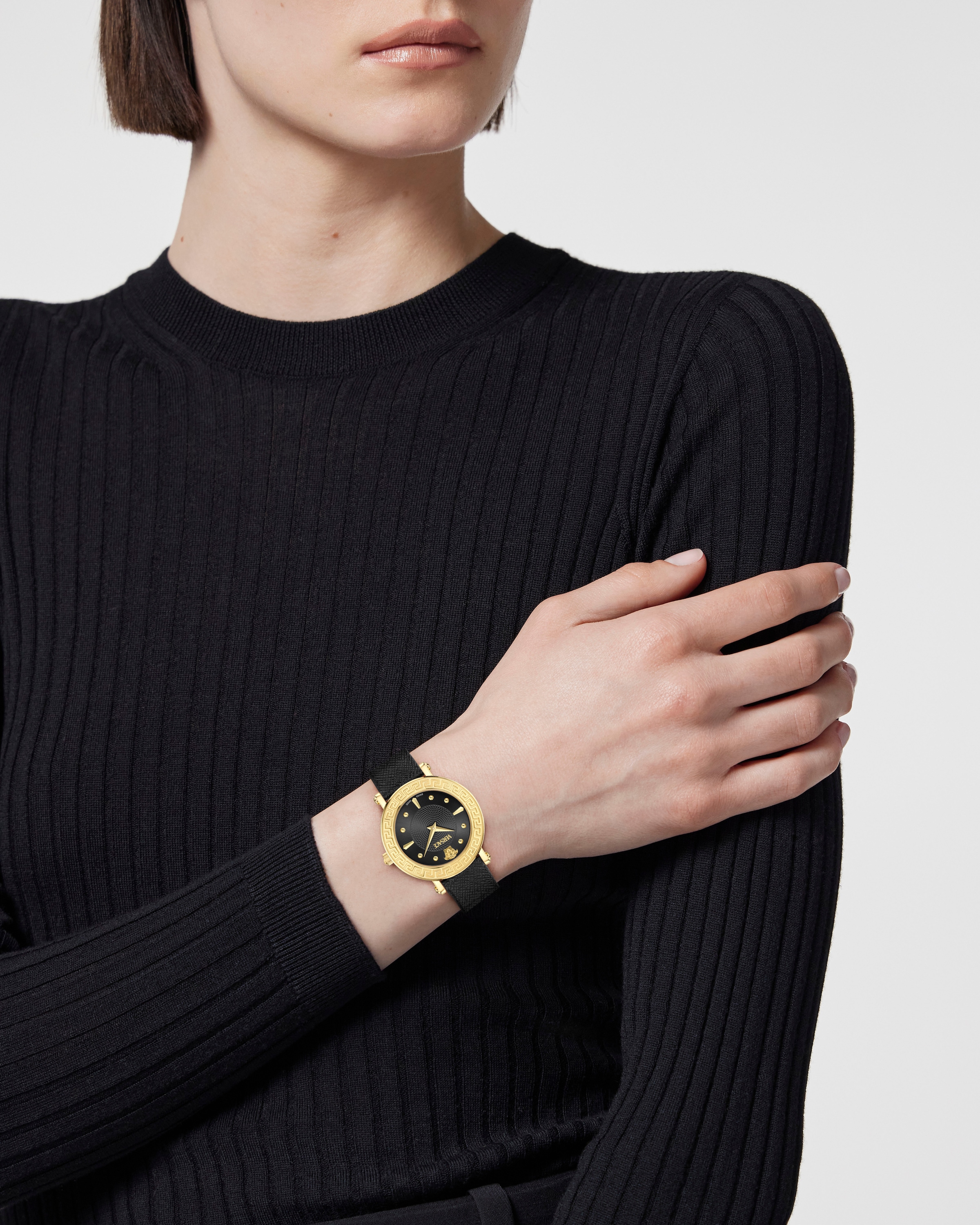 Versace Quarzuhr »GRECA SPHERE«, Armbanduhr, Damenuhr, Swiss Made, Saphirglas, Lederarmband, analog