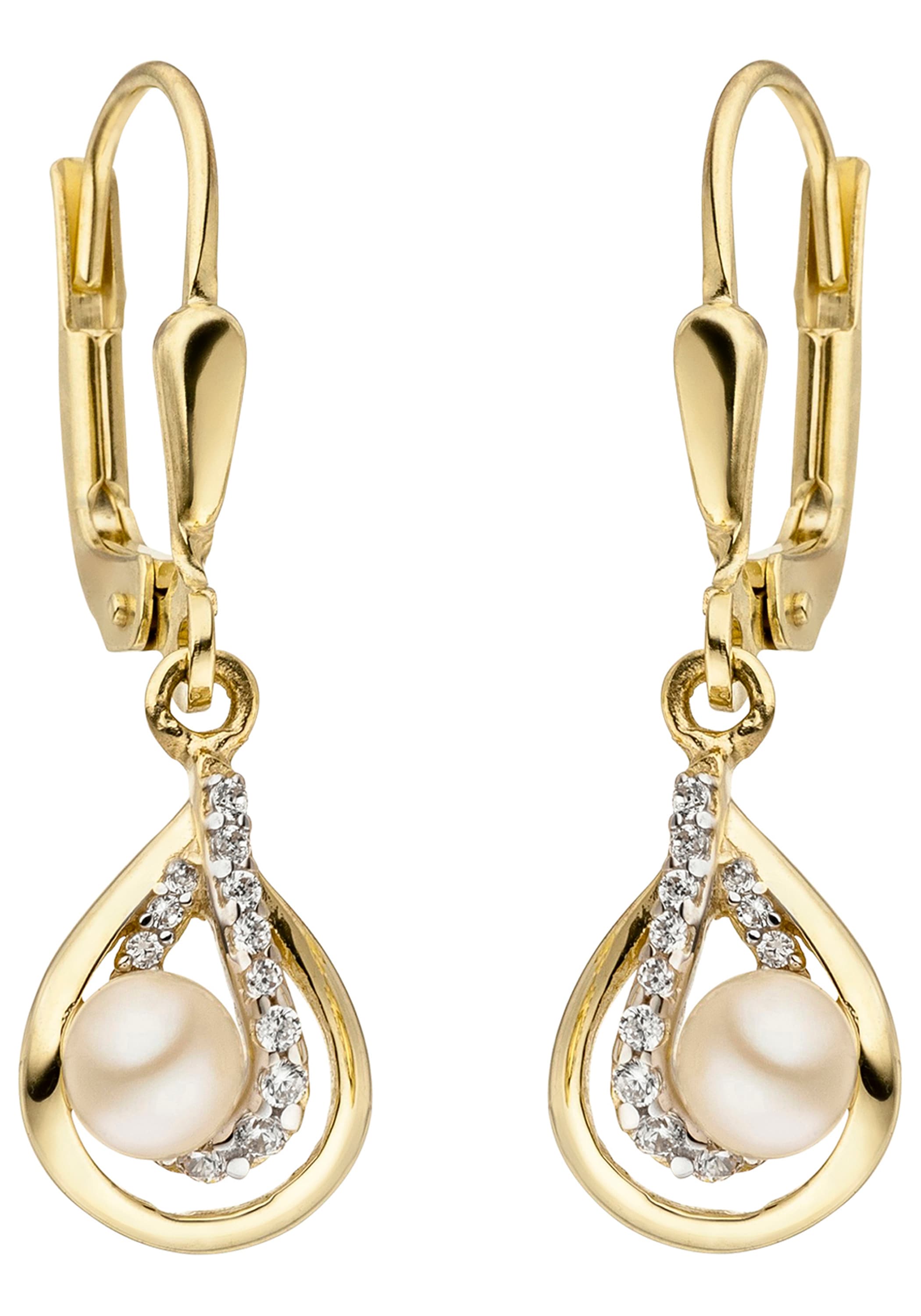 JOBO Perlenohrringe 375 Gold mit 2 Süßwasser-Zuchtperlen und 24 Zirkonia