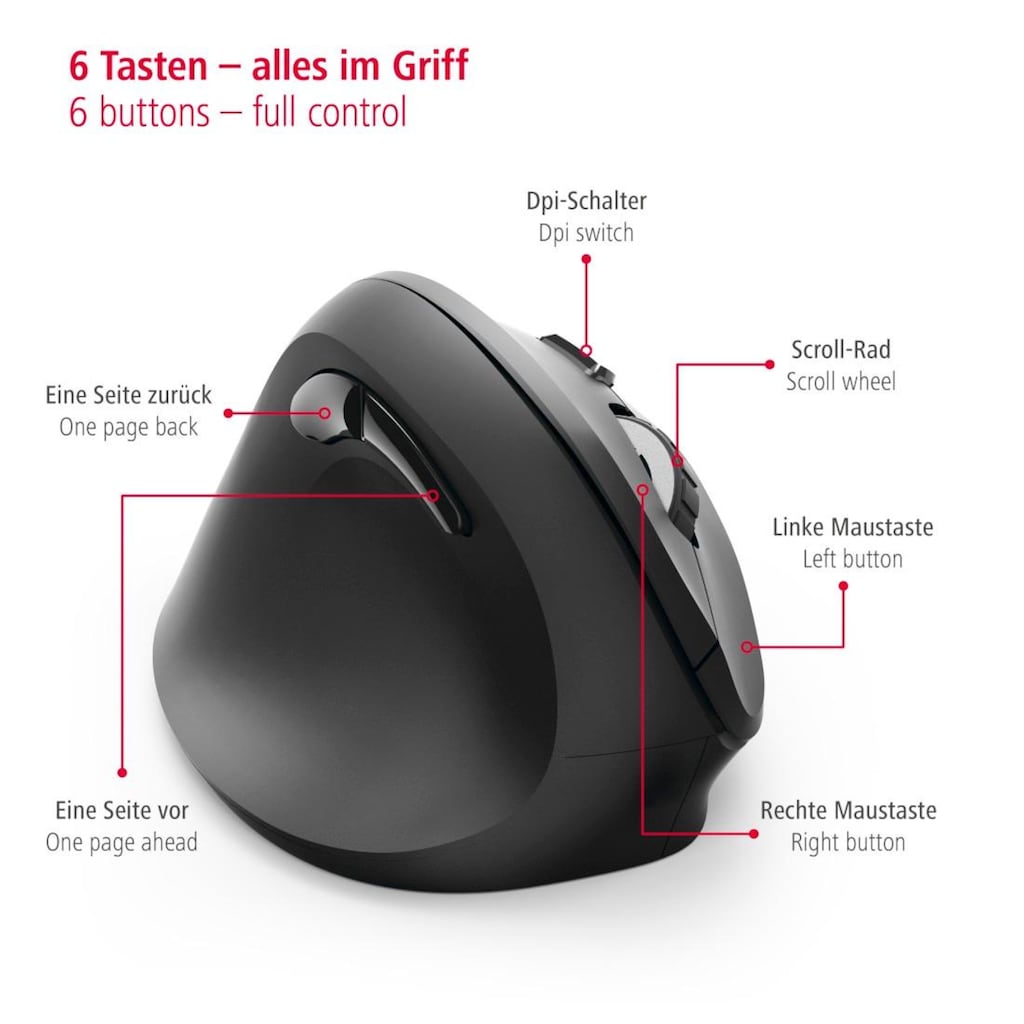 Hama ergonomische Maus »Computermaus kabellos für Linkshänder, ergonomisch, vertikal, schwarz«, Funk, Funkmaus, DPI Schalter, Browser Tasten, USB Empfänger