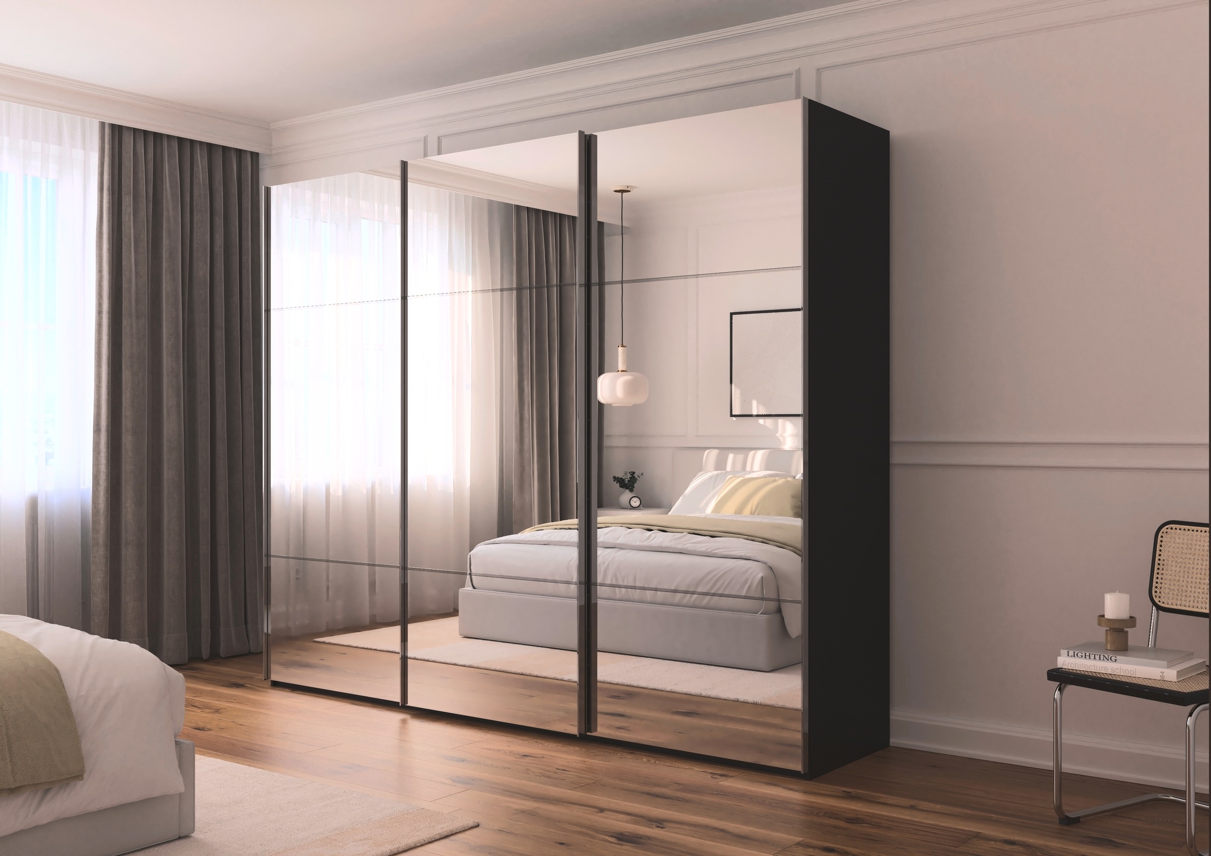 rauch Schwebetürenschrank »Kleiderschrank Schrank Garderobe Schlafzimmerschrank SCALE-TRIO«, edle dreigeteilte Front mit 2 Zierleisten Spiegelfront MADE IN GERMANY