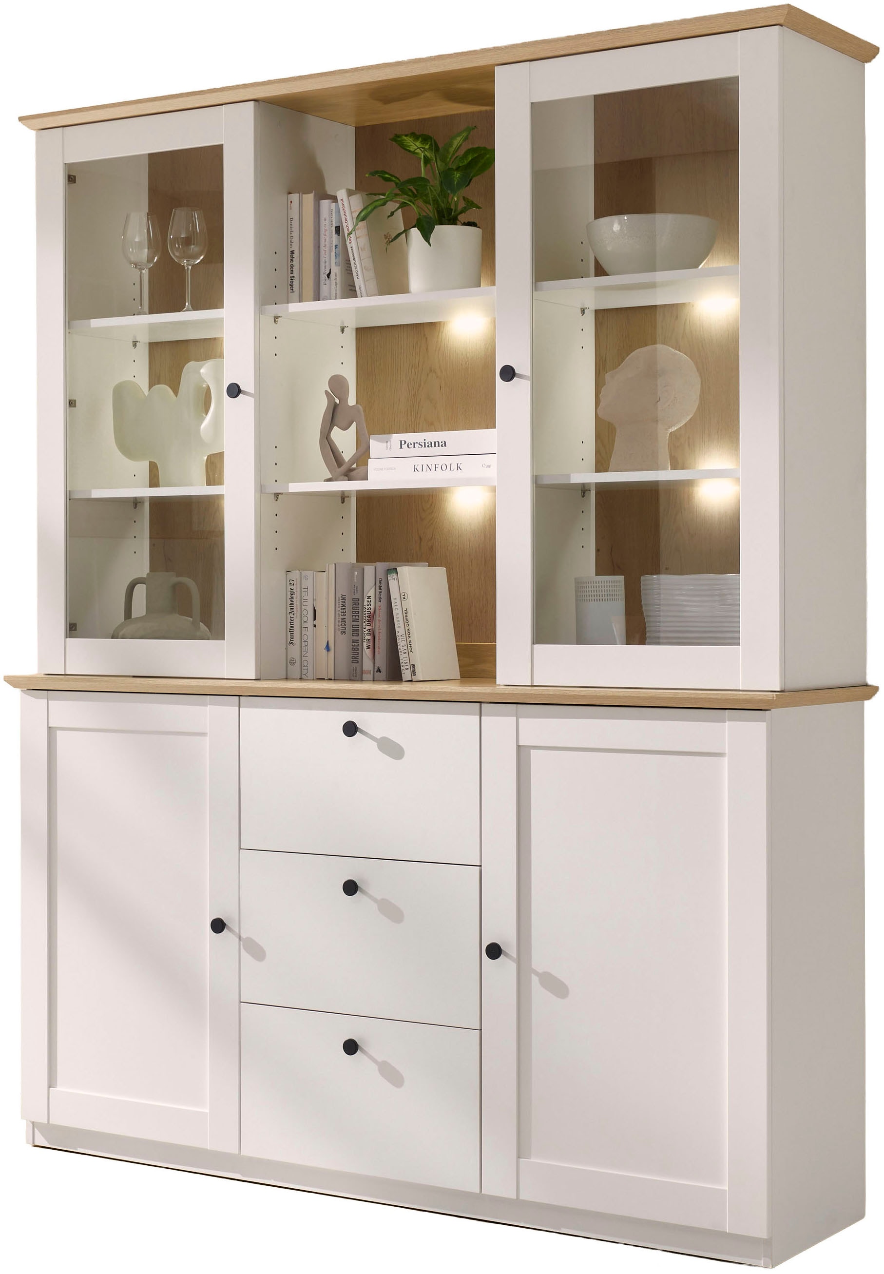 OTTO home Buffet »Brest, Hochschrank im Landhausstil, Schrank, Küchenschrank« schwarze Metallgriffe, viel Stauraum, Glastüren, 164 cm breit