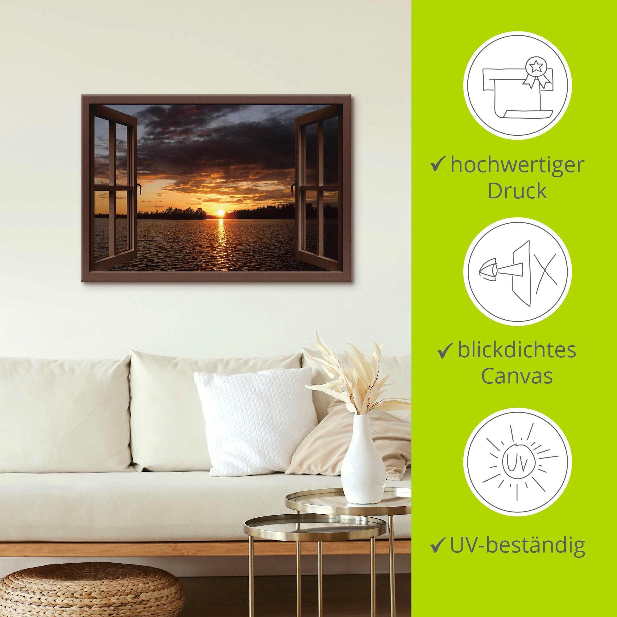 Artland Leinwandbild »Sonnenuntergang am See, braunes Fenster«, Seebilder, (1 St.), auf Keilrahmen gespannt
