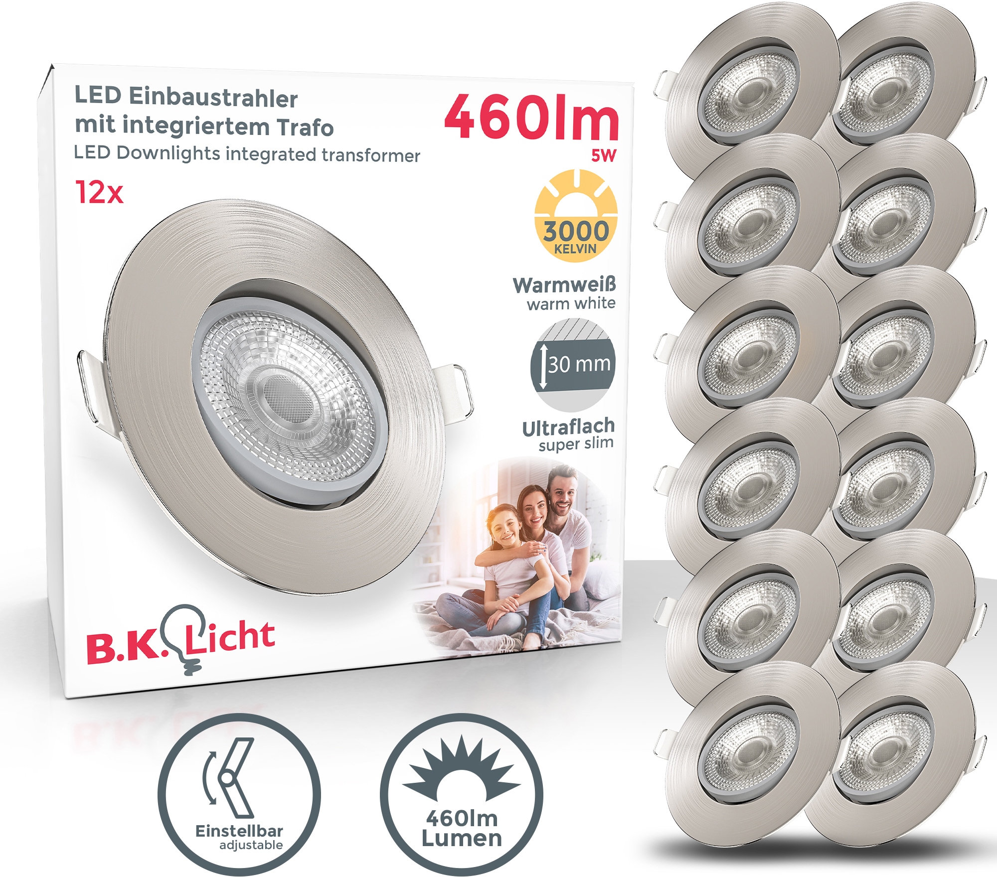 B.K.Licht LED Einbauleuchte, 12 flammig-flammig, Deckenspots, schwenkbar,  Einbaustrahler, ultra-flach, IP23, 12er SET