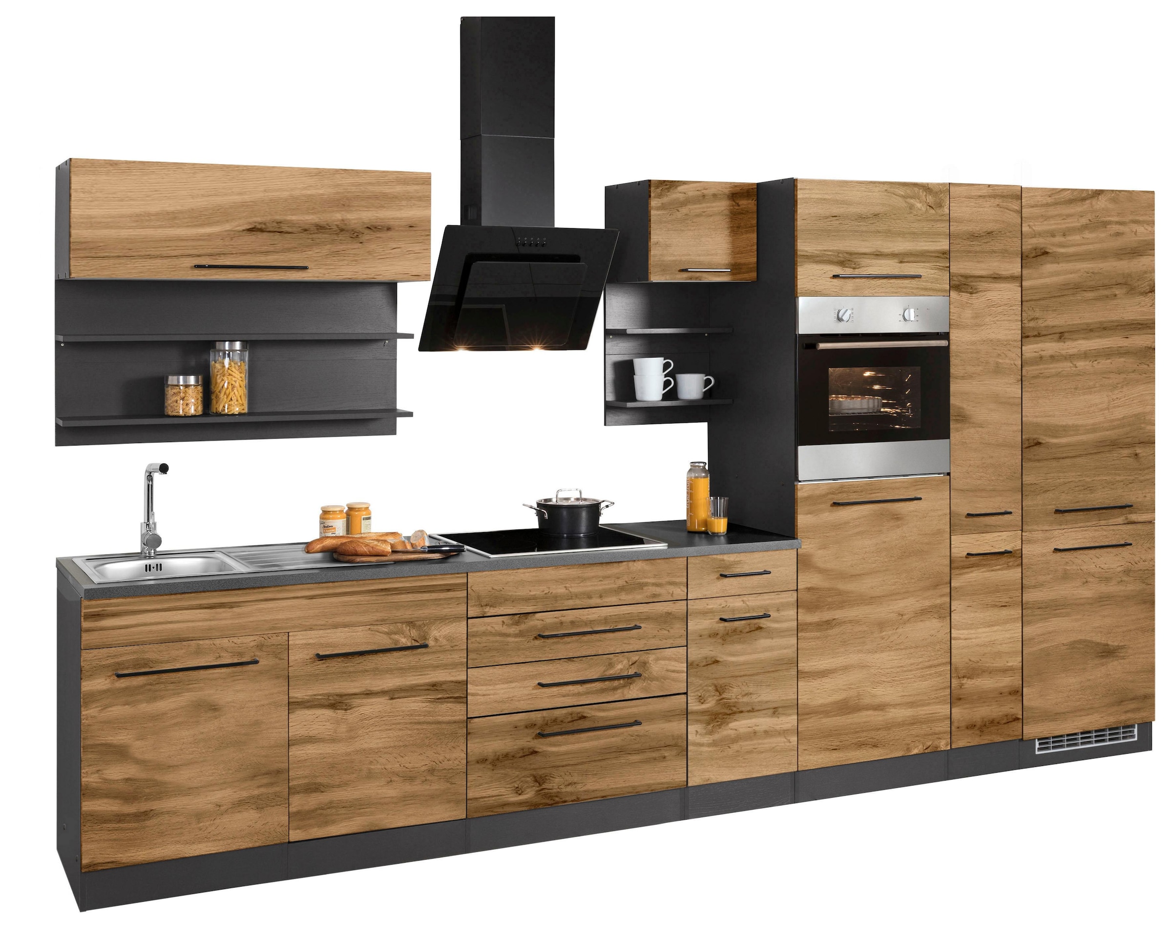 KOCHSTATION Küchenzeile "KS-Tulsa" mit E-Geräten, Breite 360 cm, schwarze Metallgriffe, MDF Fronten