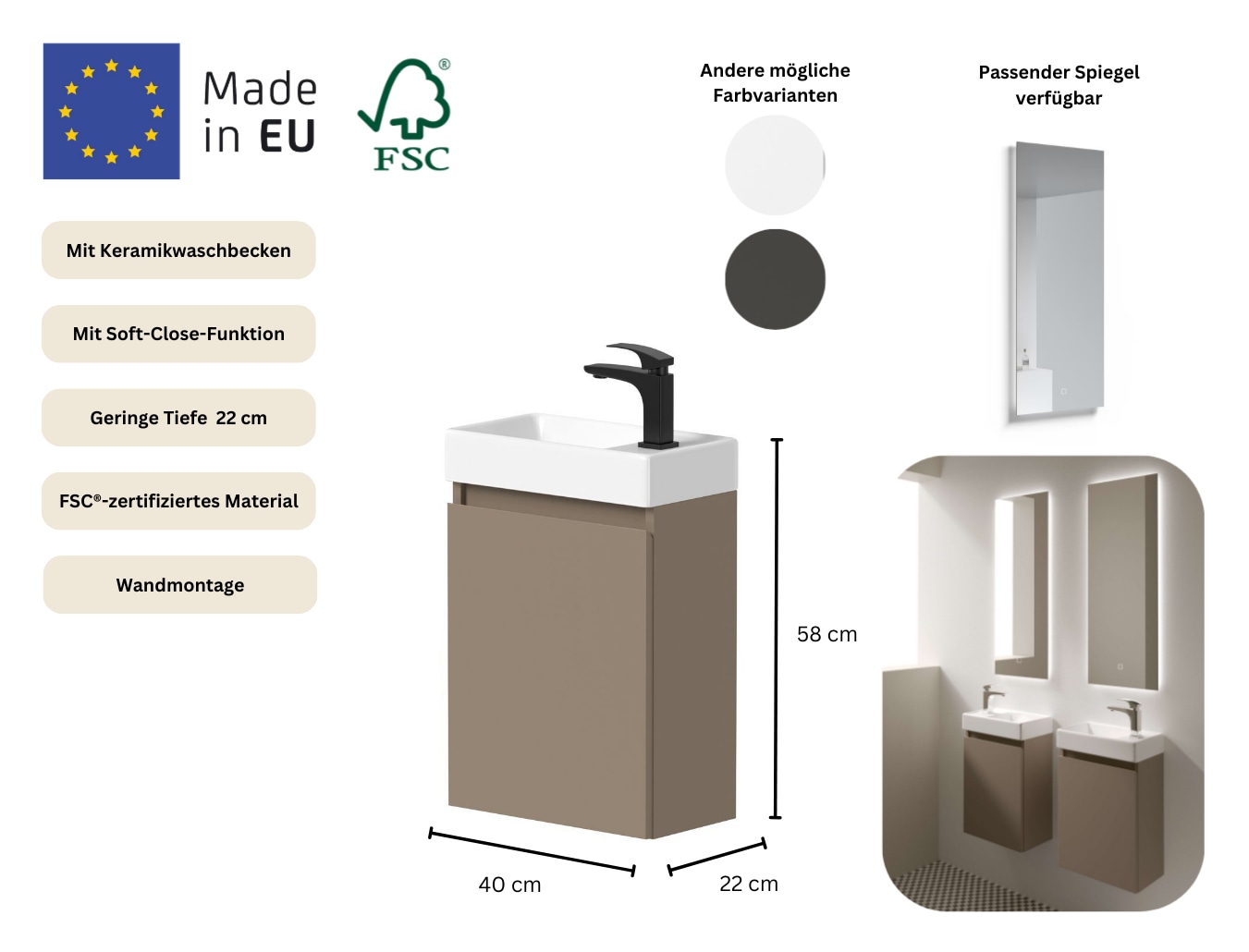 welltime Waschtisch »Mini, Badmöbel, Waschtischunterschrank inkl. Waschbecken« Breite 40cm, mit Soft-Close-Funktion, FSC®-zertifiziert
