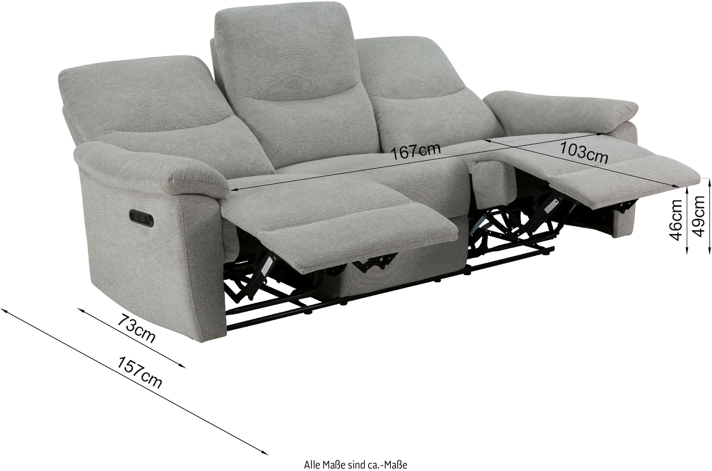 Home affaire 3-Sitzer »ODILON manuelle und elektrische Relaxfunktion in 2 Sitzen, Federkern,«, 105°-150° Relax- und Liegeposition, Federkernpolsterung