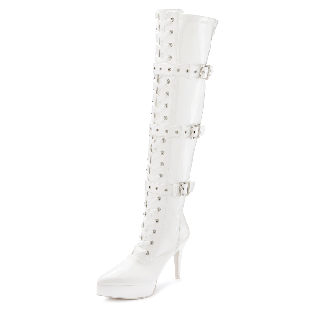 LASCANA Belle Affaire Overkneestiefel, mit Plateau und Lack-Optik, reizvolle High-Heel Stiefelette